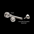 Internally Threaded Bezel Gem Fixed Top Curved Barbell with Floating Round CZ Dangle Earring / Nosering – Titanium