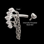 Internally Threaded 5-Cluster Prong Gem Fixed Top Curved Barbell with 2 Tier Chain Dangle Earring / Nosering – Titanium