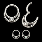Double Hoop with Round Bezel Set Gem/Opal Front Facing Hinged Segment Clicker Earring / Nosering – Titanium