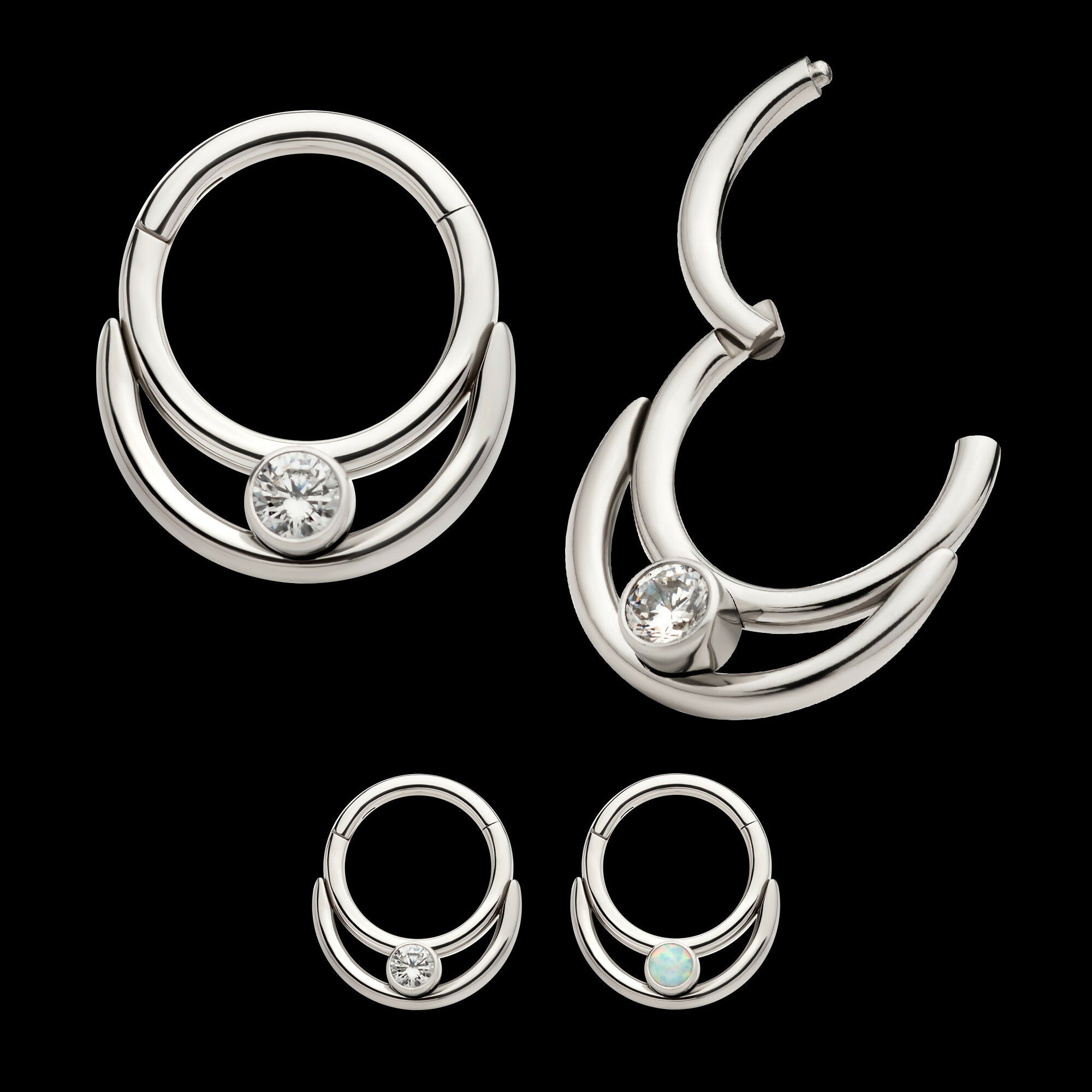 Double Hoop with Round Bezel Set Gem/Opal Front Facing Hinged Segment Clicker Earring / Nosering – Titanium