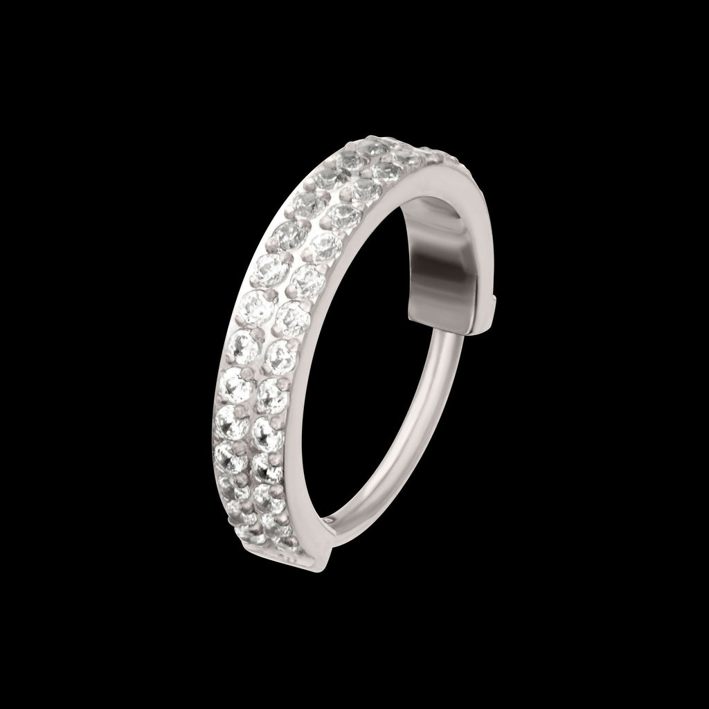 Platinum PVD Titanium Double Row 1mm Prong Set Gem Side Facing Huggie Hinged Segment Clicker Hoop Earring / Nosering