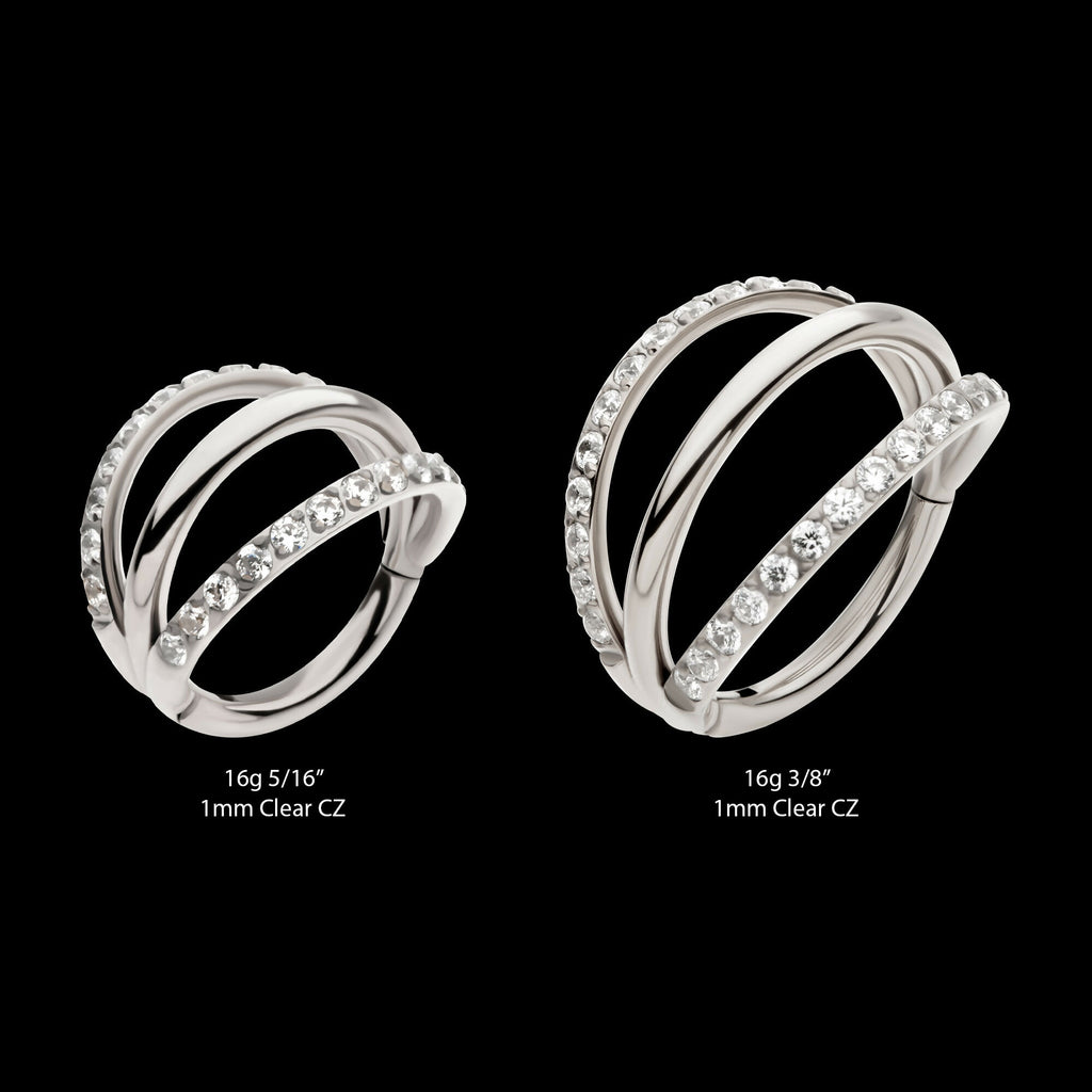 Triple Hoop with CNC Set 1mm Eternity Gem in 2 Alternate Hoops Side Facing Hinged Segment Clicker Earring / Nosering – Titanium