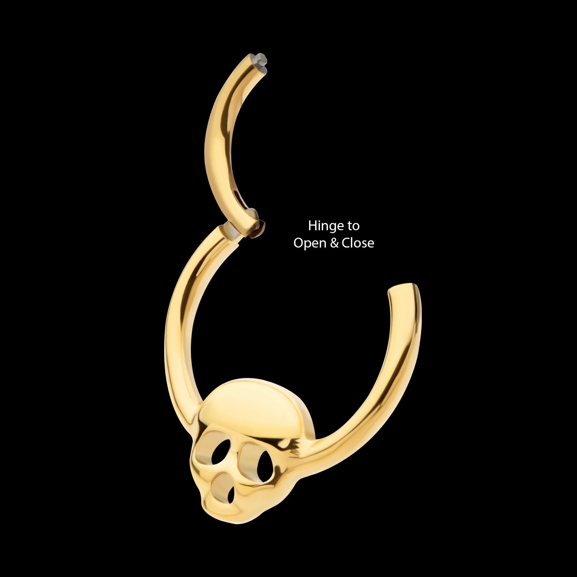 24Kt Gold PVD Titanium with Centered Skull Front Facing Hinged Segment Clicker Hoop Earring / Nosering