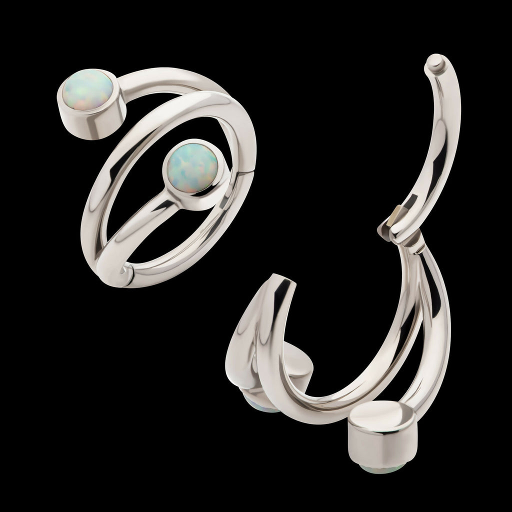 Double Ended Twist Side Facing Hinged Segment Clicker with Bezel Set White Opal Hoop Earring / Nosering – Titanium