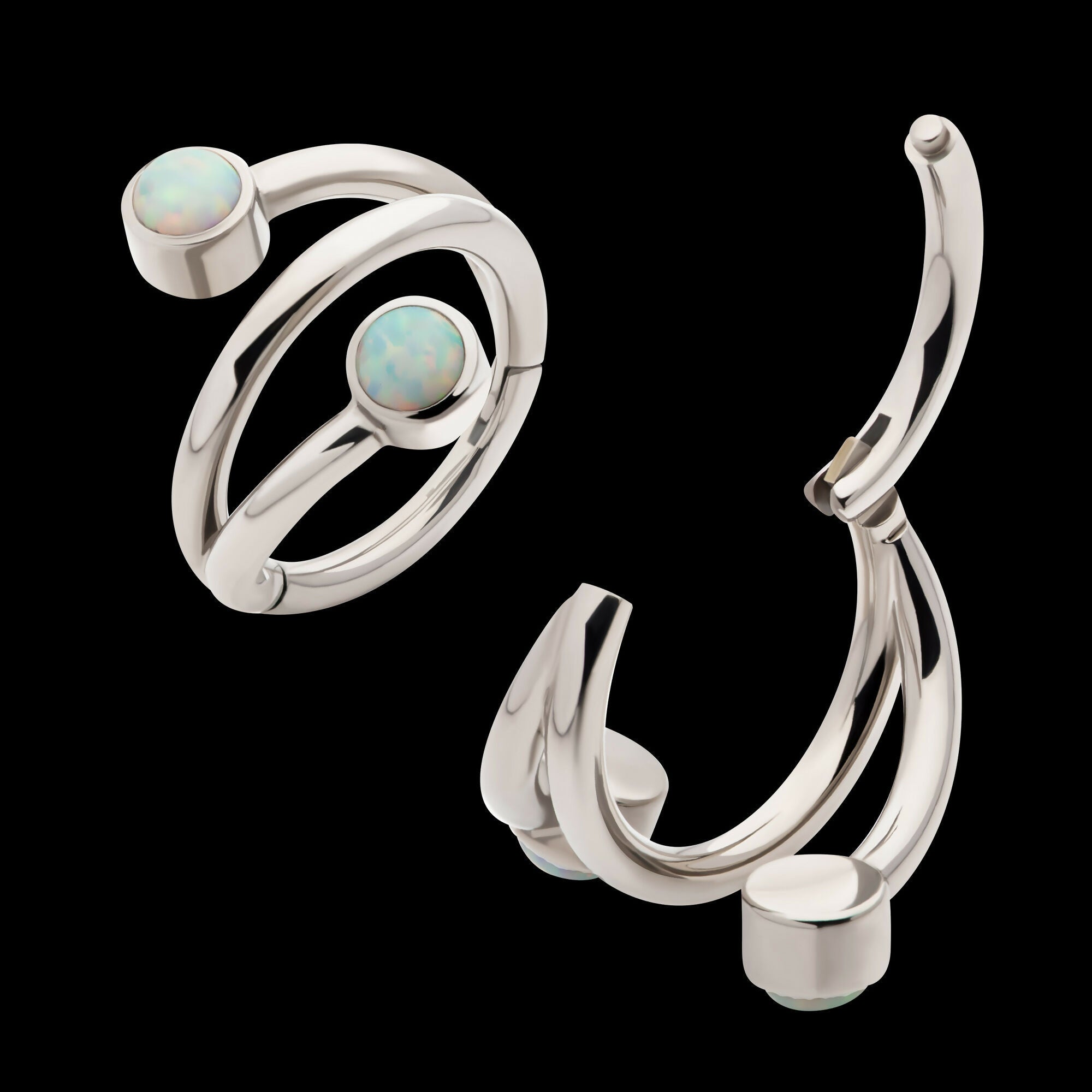 Double Ended Twist Side Facing Hinged Segment Clicker with Bezel Set White Opal Hoop Earring / Nosering – Titanium