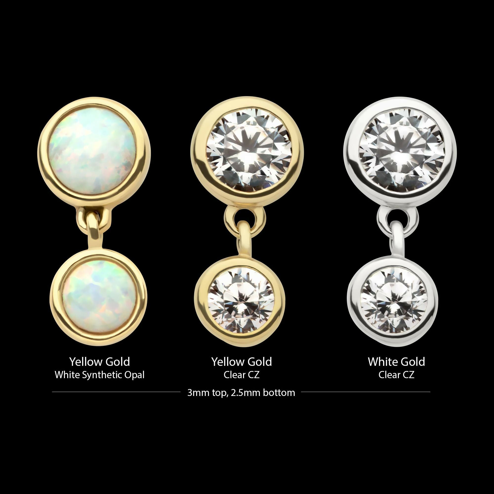 14Kt Gold Threadless Double Bezel Set Round CZ Dangle Top