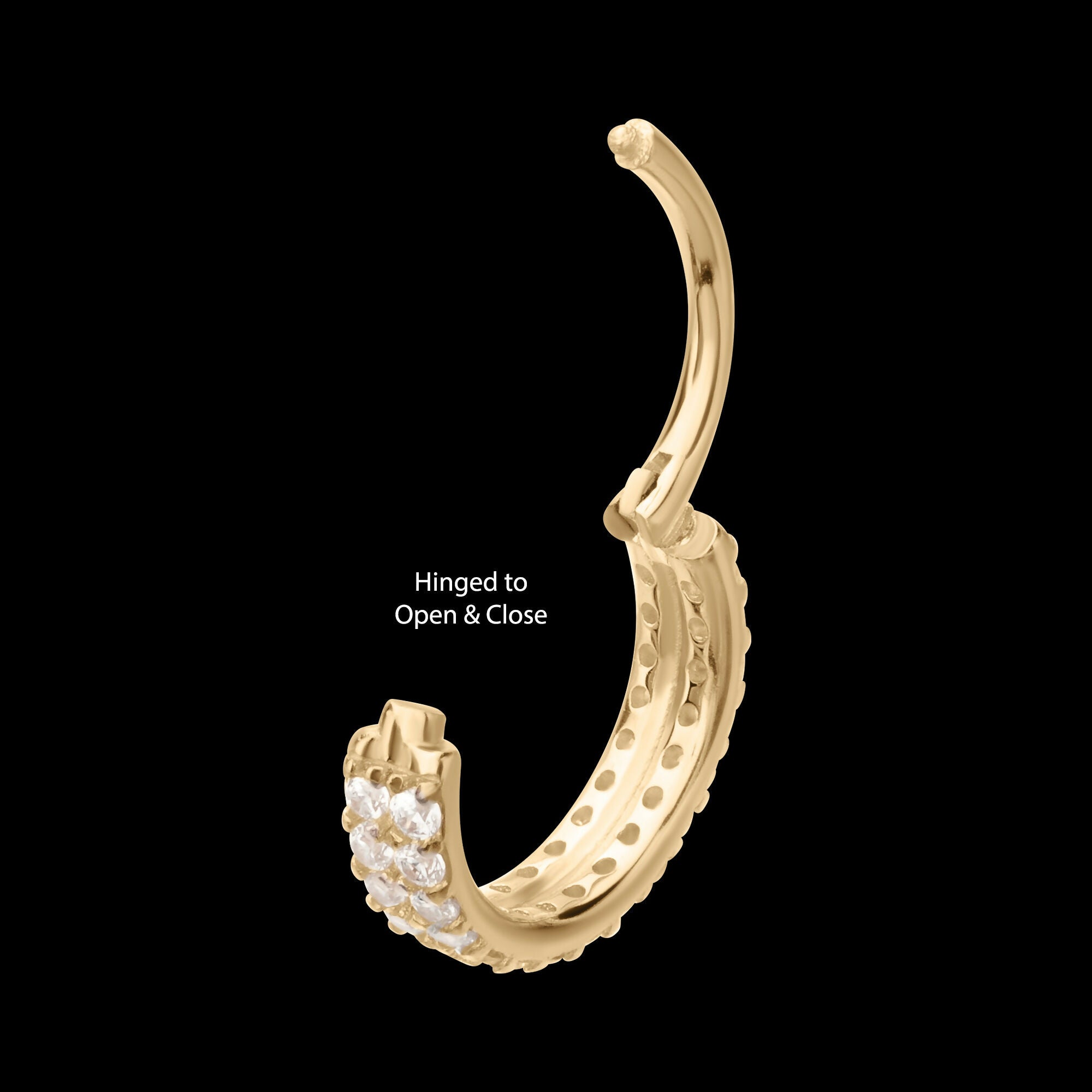 Double Row Pave Gem Side Facing Hinged Segment Clicker Hoop Earring / Nosering – 14Kt Yellow Gold