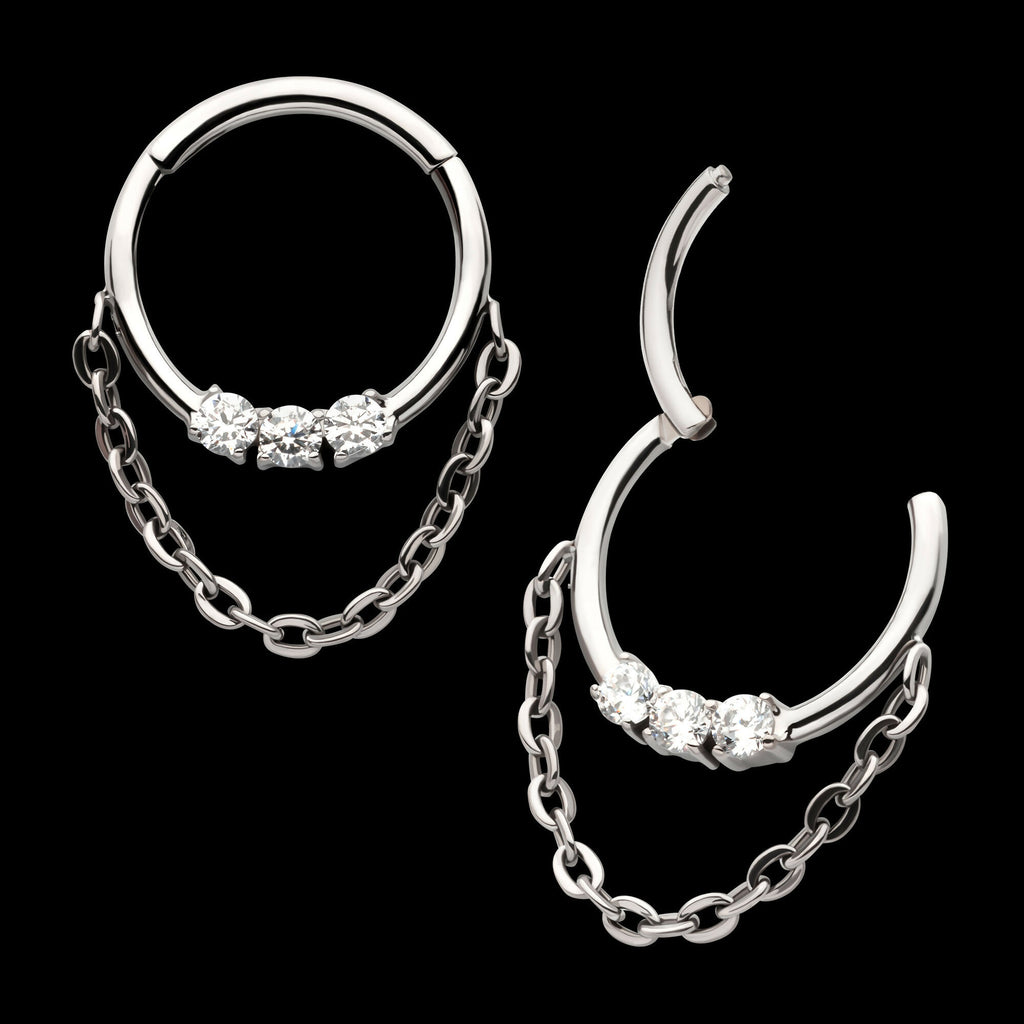 3-Cluster Prong Set Round CZ Front Facing Hinged Segment Clicker with Dangle Chain Hoop Earring / Nosering – Titanium
