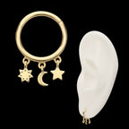 Stars & Moon Dangle Charm Hinged Segment Clicker Hoop Earring / Nosering – 14Kt Yellow Gold