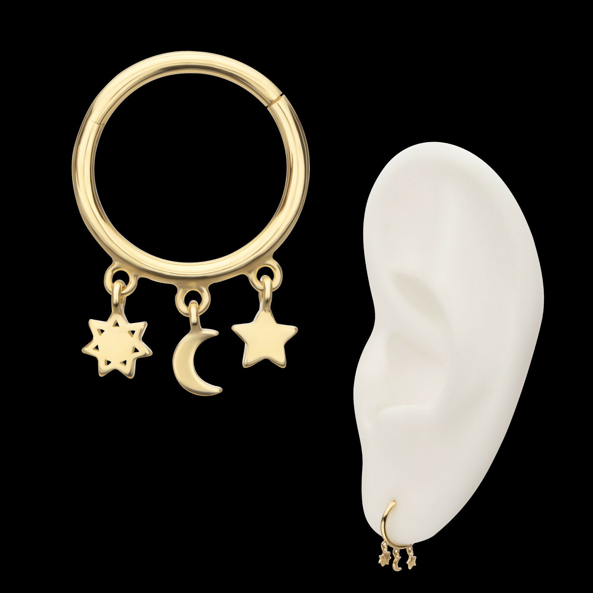 Stars & Moon Dangle Charm Hinged Segment Clicker Hoop Earring / Nosering – 14Kt Yellow Gold