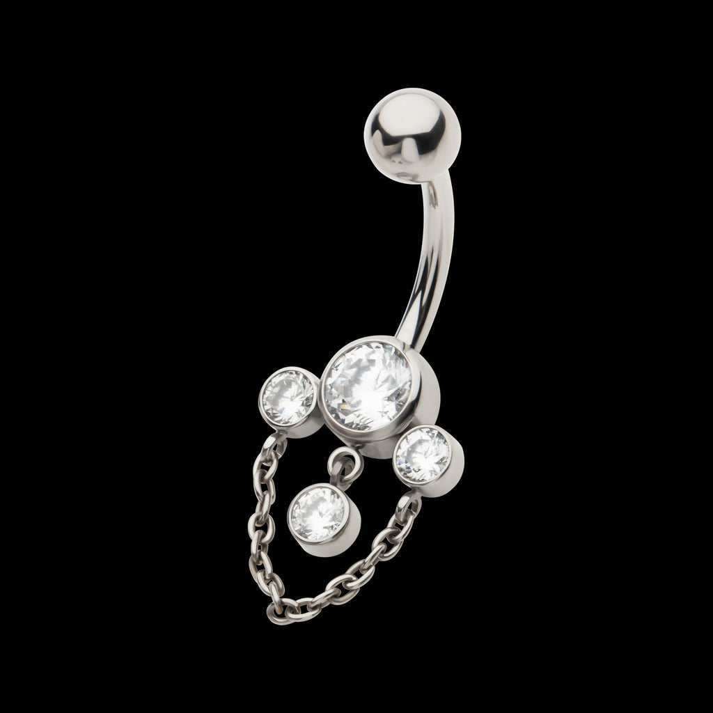 Internally Threaded Bezel Set Round Gem Fan Navel with Floating Gem and Chain Dangle Earring / Nosering – Titanium