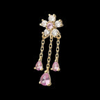 14Kt Yellow Gold Threadless 5-Petal Prong Set Gem Cherry Blossom Flower Top with Triple Teardrop Dangle