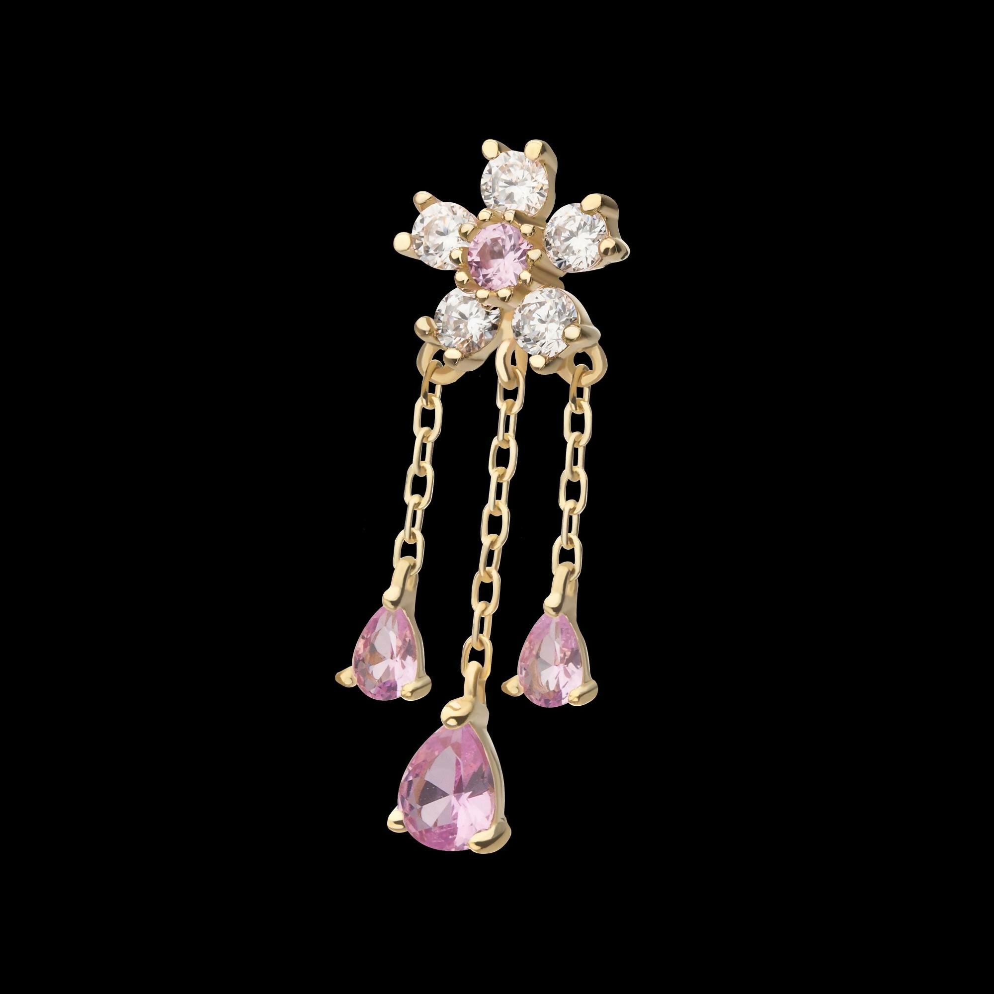 14Kt Yellow Gold Threadless 5-Petal Prong Set Gem Cherry Blossom Flower Top with Triple Teardrop Dangle