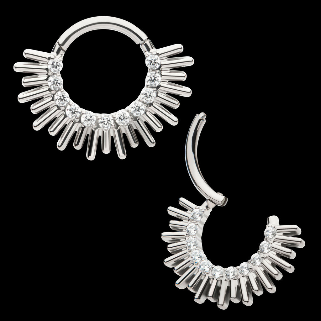 Pronged Round CZ Sun Rays Cluster Front Facing Hinged Segment Clicker Hoop Earring / Nosering – Titanium