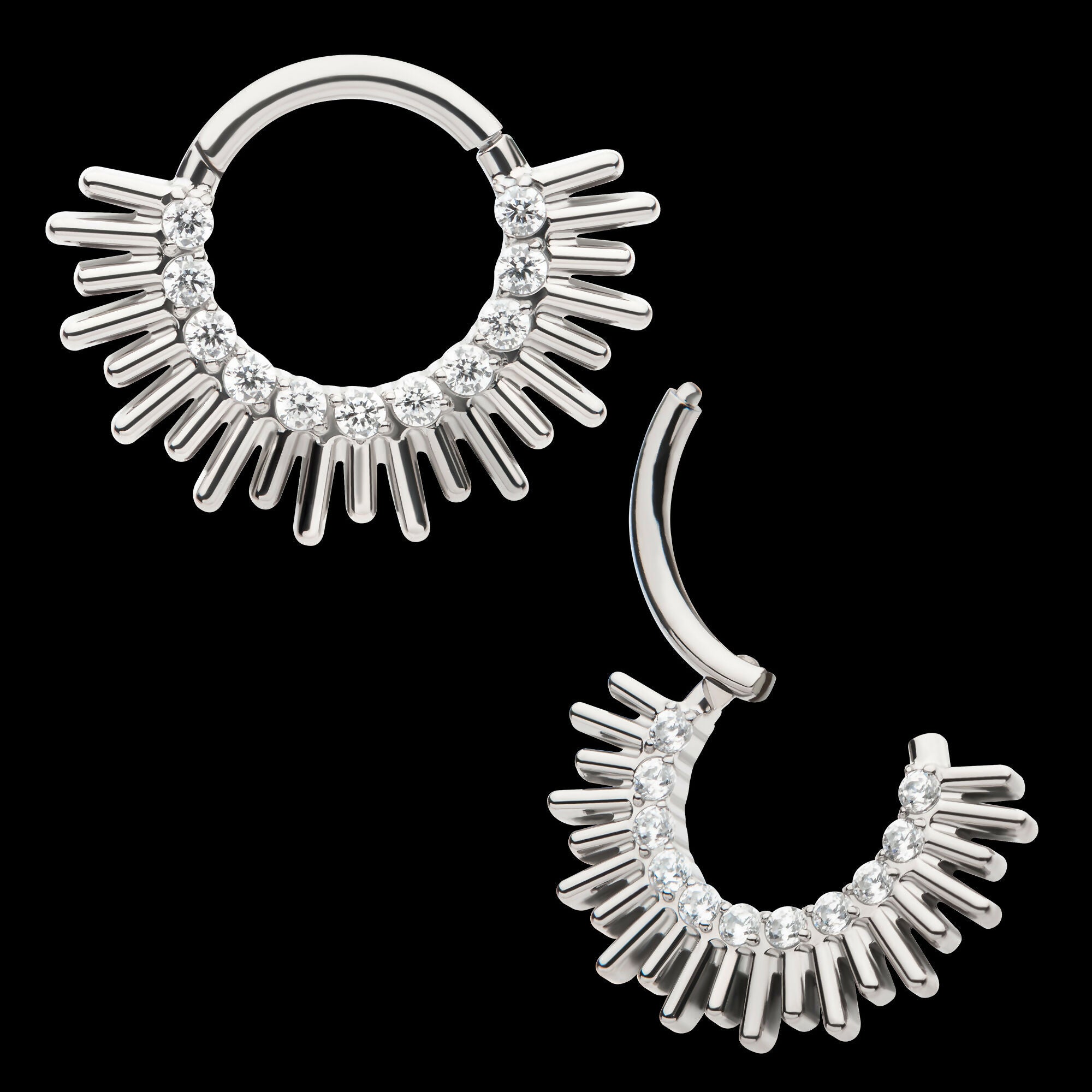 Pronged Round CZ Sun Rays Cluster Front Facing Hinged Segment Clicker Hoop Earring / Nosering – Titanium