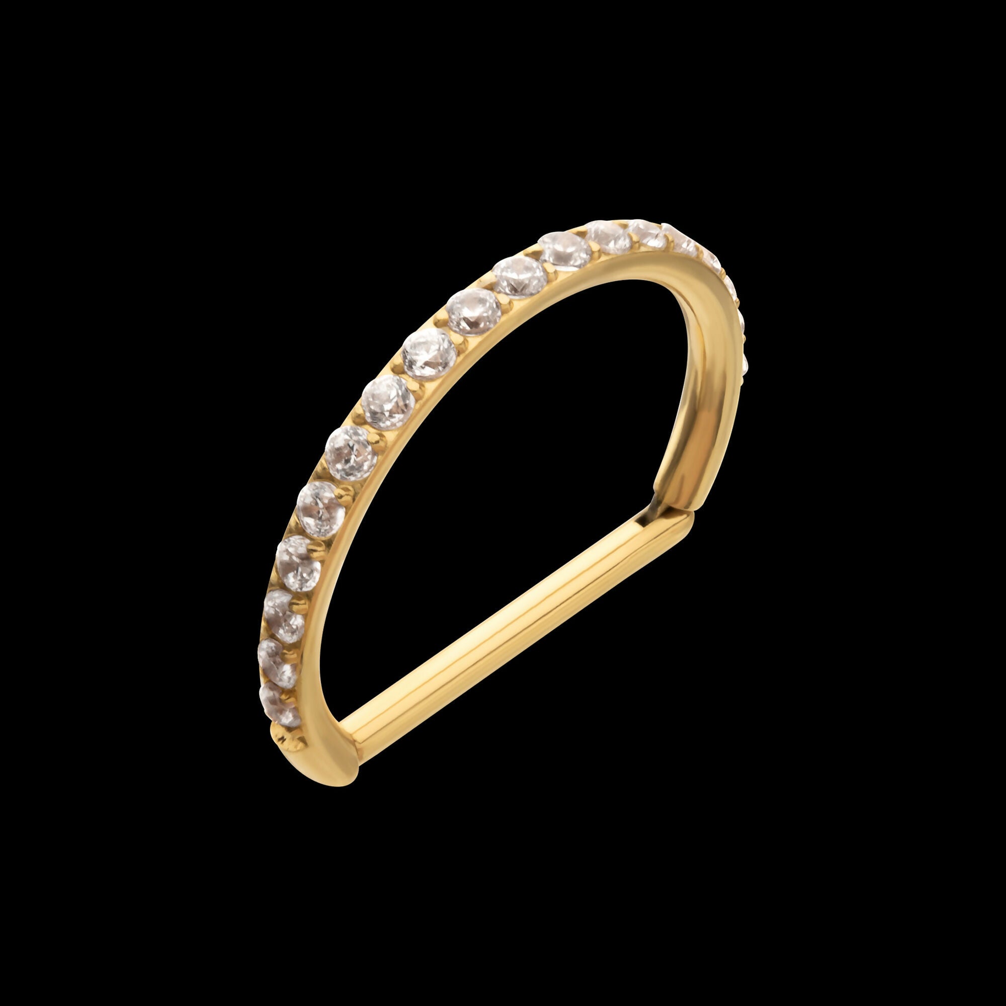24Kt Gold PVD Titanium D-Ring Clicker with CNC Set Clear CZ Gem Hoop Earring / Nosering