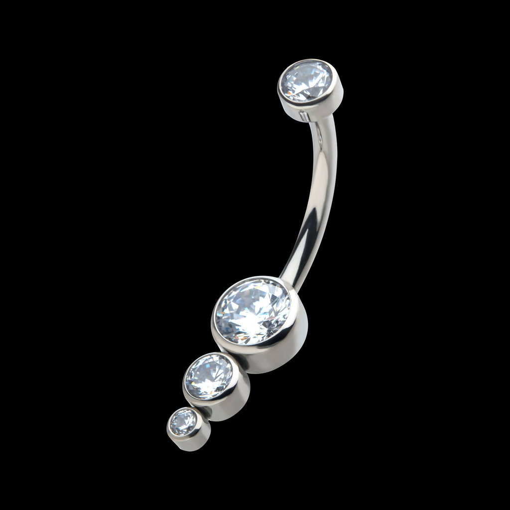 Internally Threaded with Bezel Set CZ 3-Drop Cluster Navel Curve Earring / Nosering – Titanium