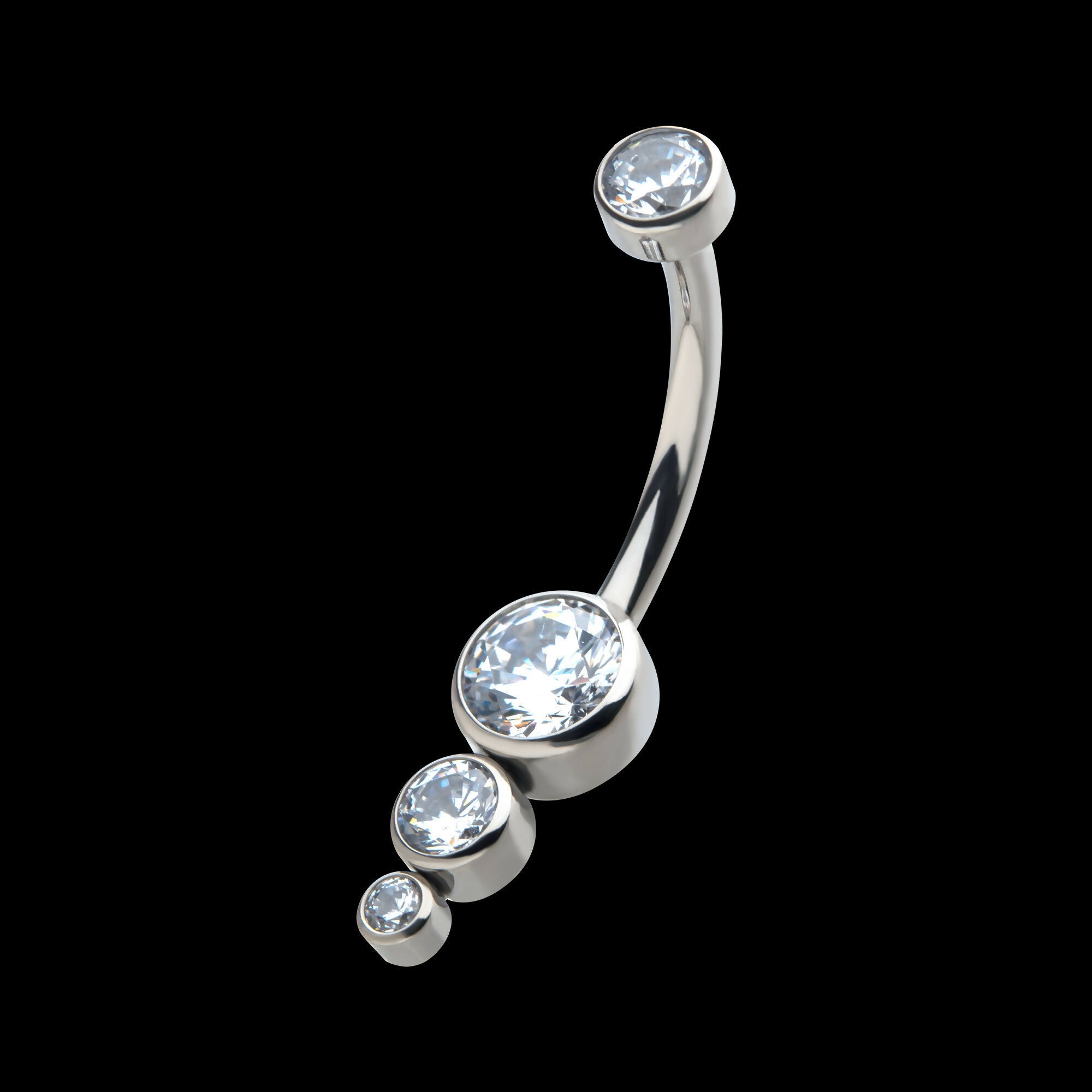 Internally Threaded with Bezel Set CZ 3-Drop Cluster Navel Curve Earring / Nosering – Titanium