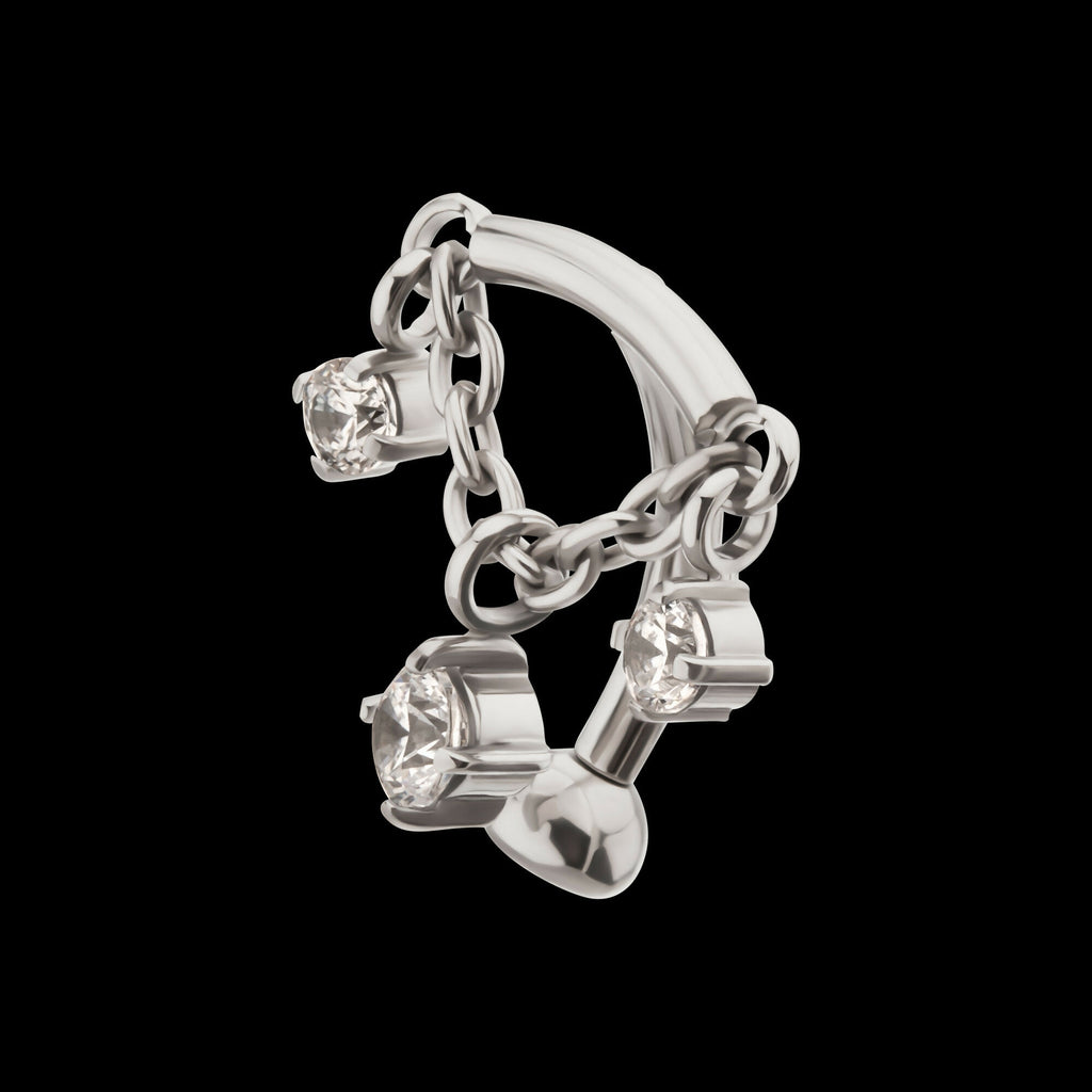 Internally Threaded Fixed Top Curved Barbell with Triple Floating Prong Gem Dangle Earring / Nosering – Titanium