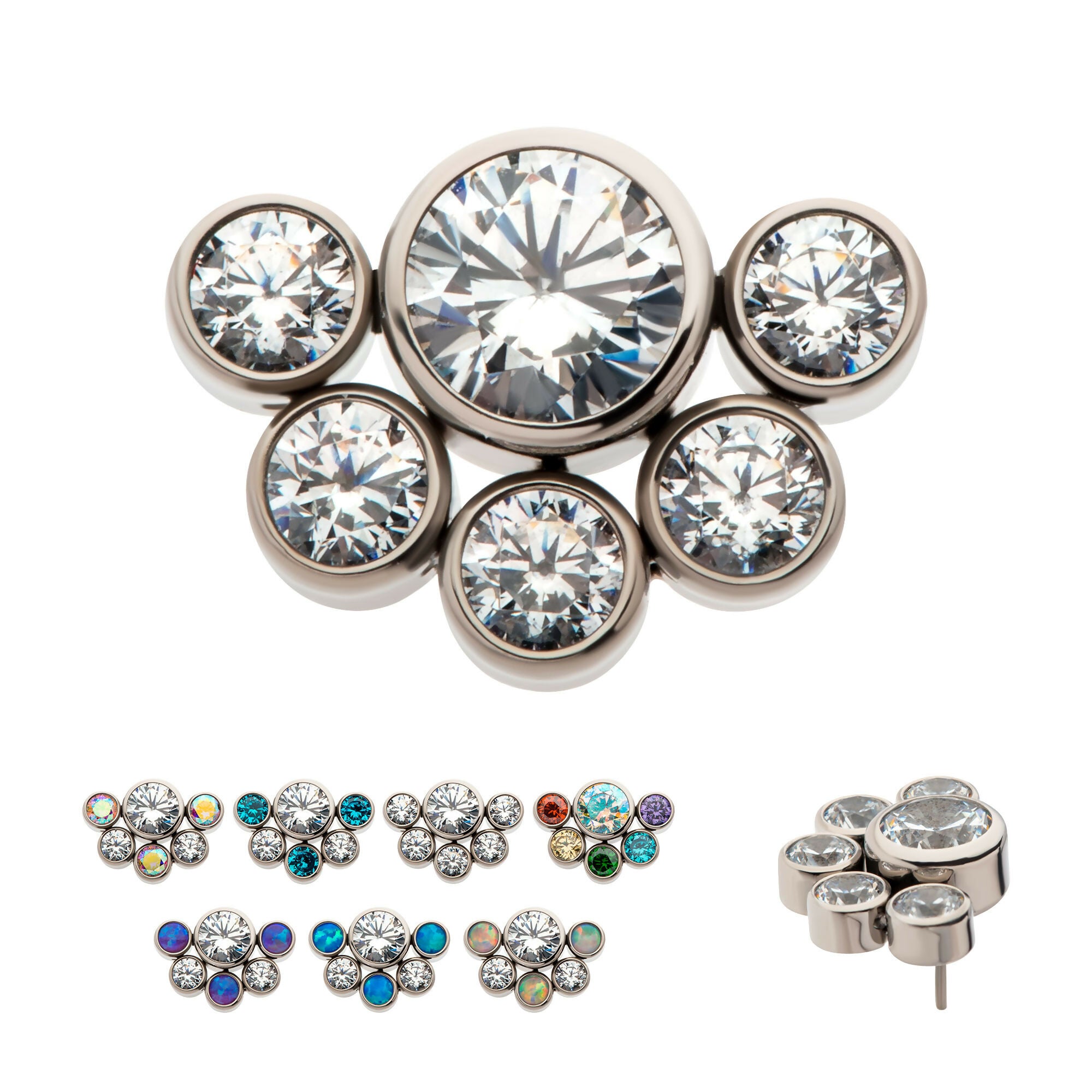4mm & 2.5mm Bezel Set AAA CZ/Opal Cluster Flatback Stud Earring / Nosering - Opal & CZ & AAA CZ & Opal & CZ in Titanium