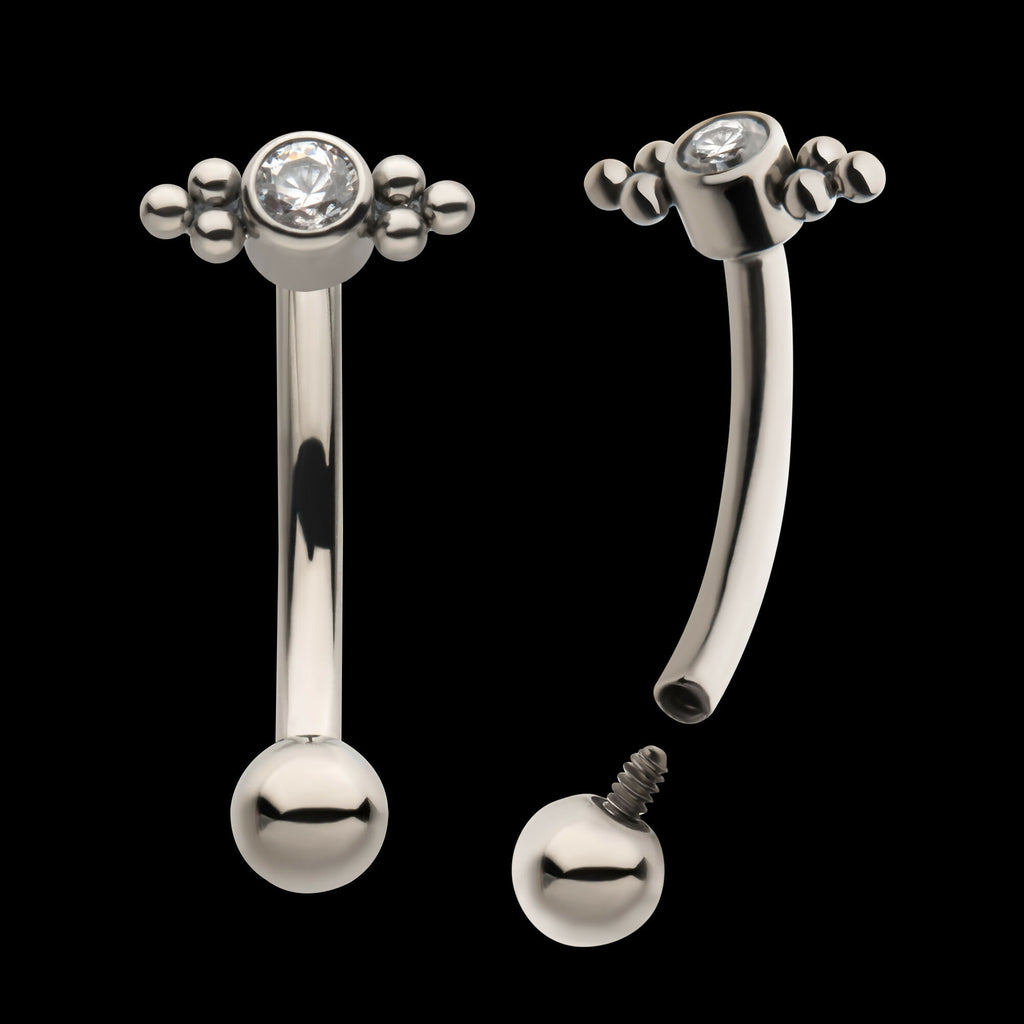 Internally Threaded with Tri Bead Bezel Set CZ Cluster Fixed Top Curved Barbell Earring / Nosering – Titanium