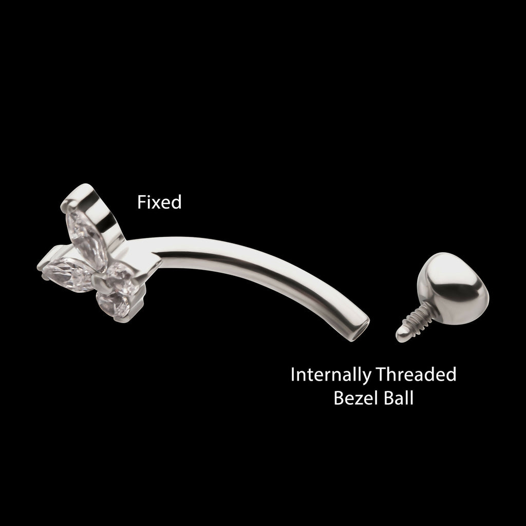 Internally Threaded Butterfly Fixed Top Curved Barbell with Prong Set Marquise & Round Gem Earring / Nosering – Titanium