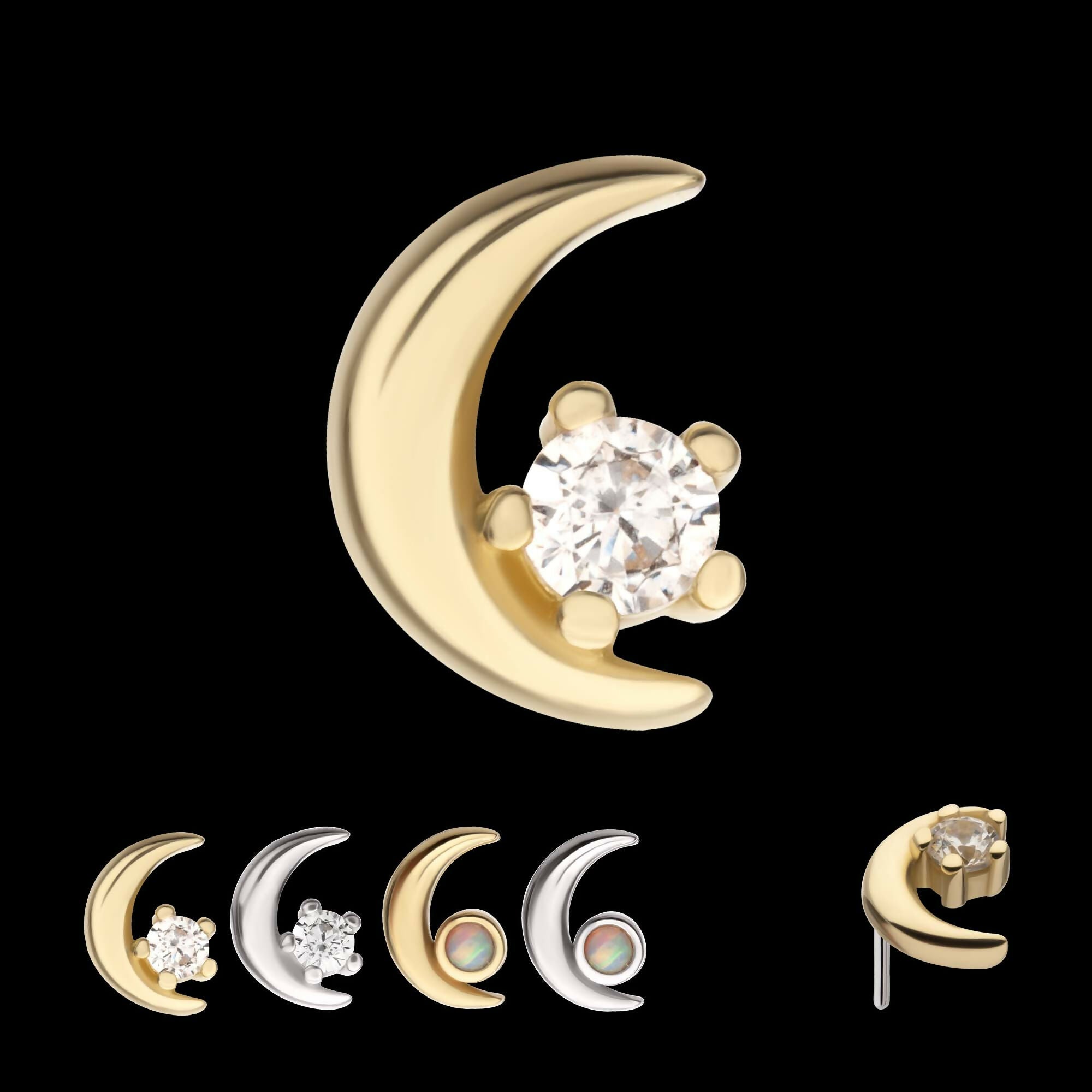 14Kt Gold Threadless Crescent Moon with Round Gem/Opal Top