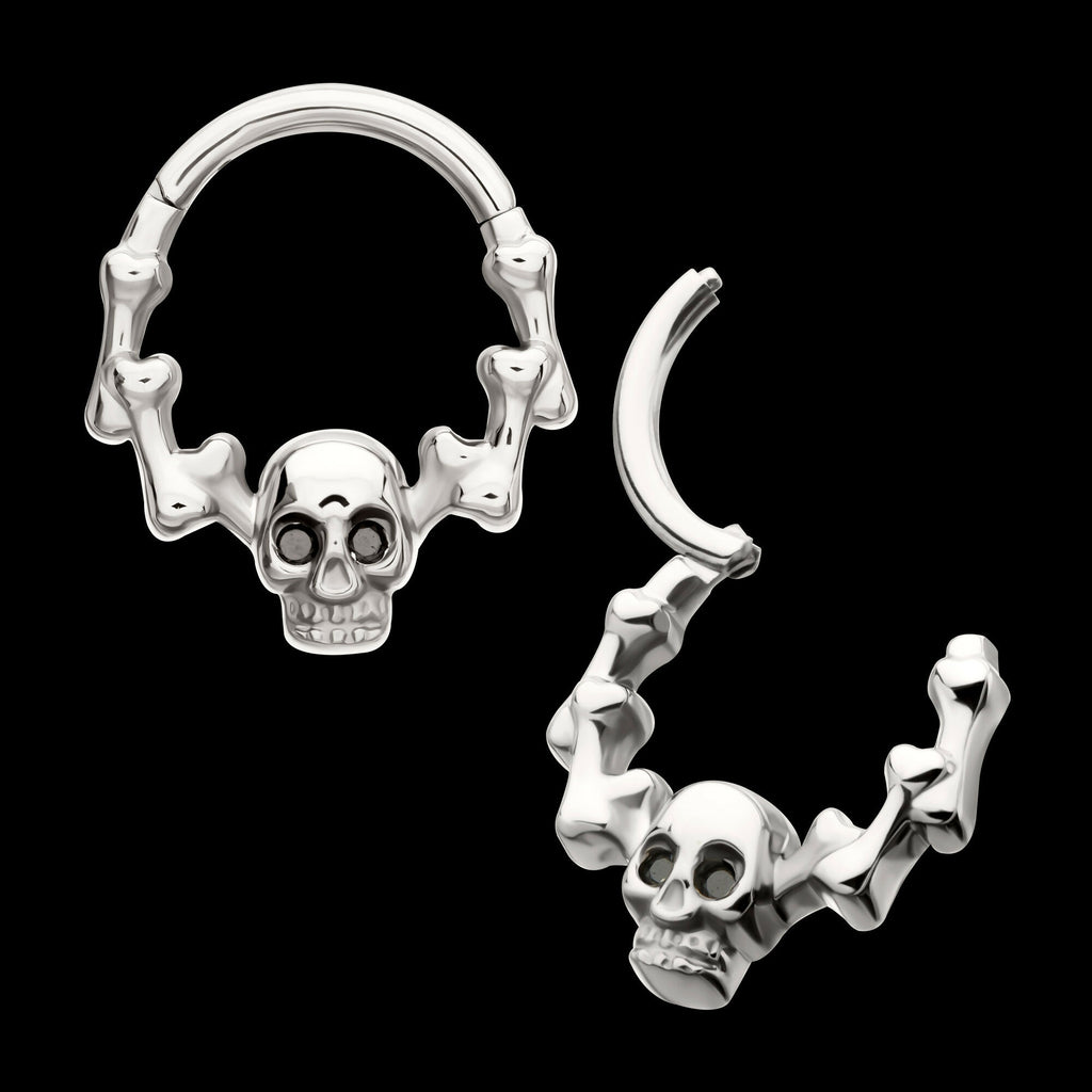 Skull & Bone with Black CZ Gem Eyes Front Facing Hinged Segment Clicker Hoop Earring / Nosering – Titanium