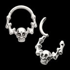 Skull & Bone with Black CZ Gem Eyes Front Facing Hinged Segment Clicker Hoop Earring / Nosering – Titanium