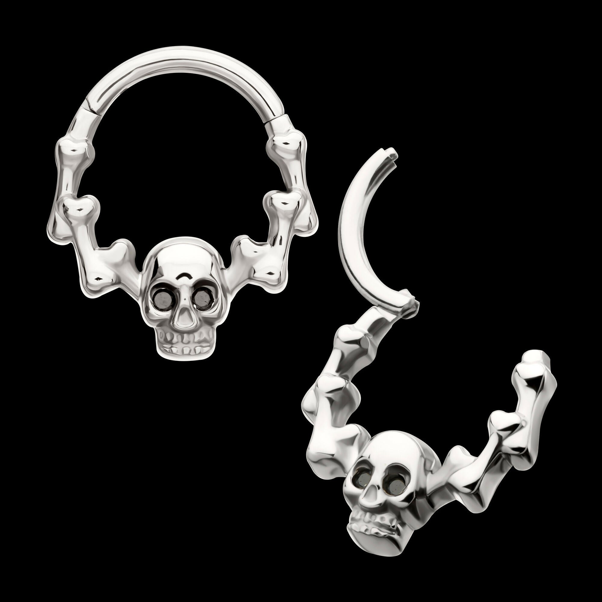Skull & Bone with Black CZ Gem Eyes Front Facing Hinged Segment Clicker Hoop Earring / Nosering – Titanium