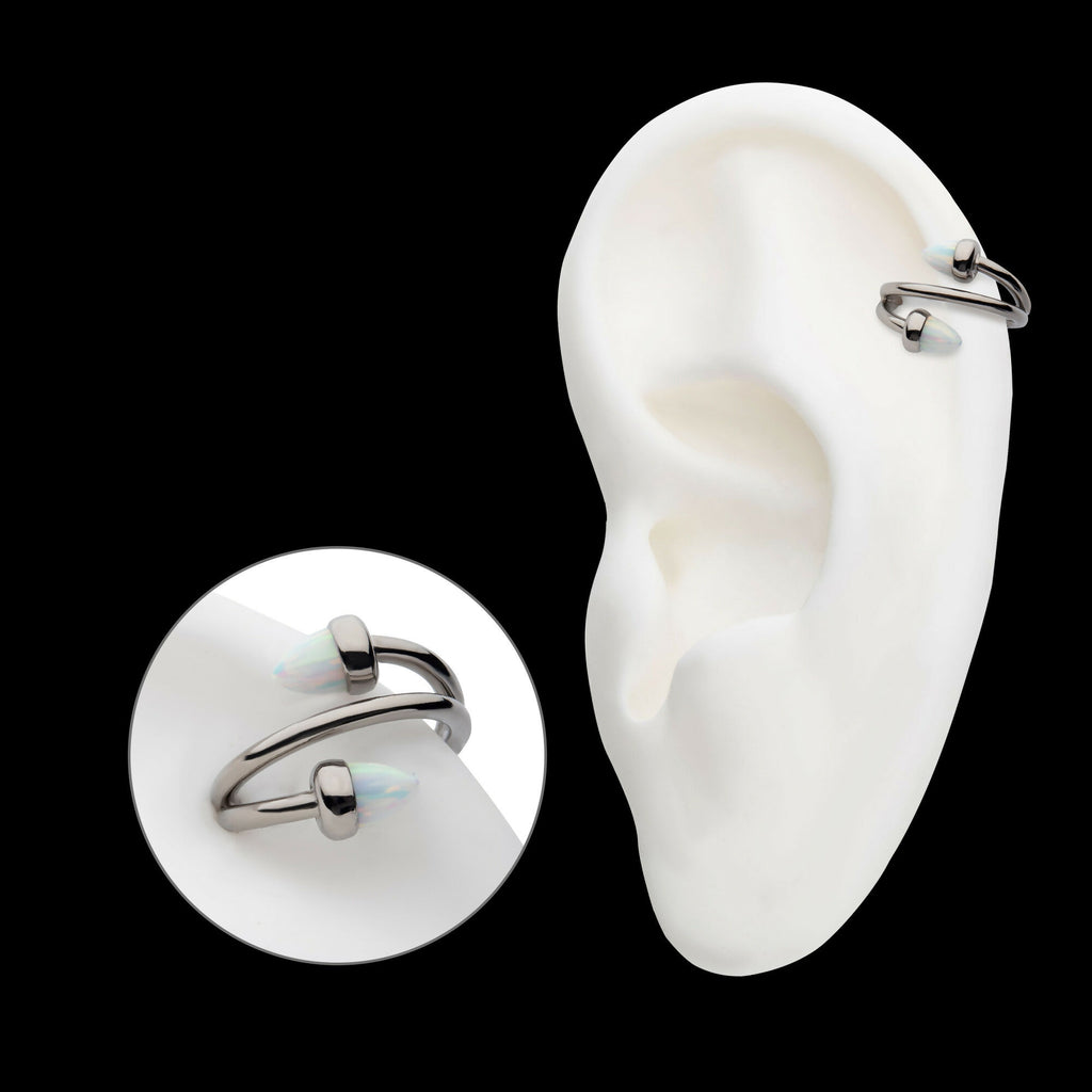 Double Ended Twist Side Facing Hinged Segment Clicker with Spike White Opal Hoop Earring / Nosering – Titanium