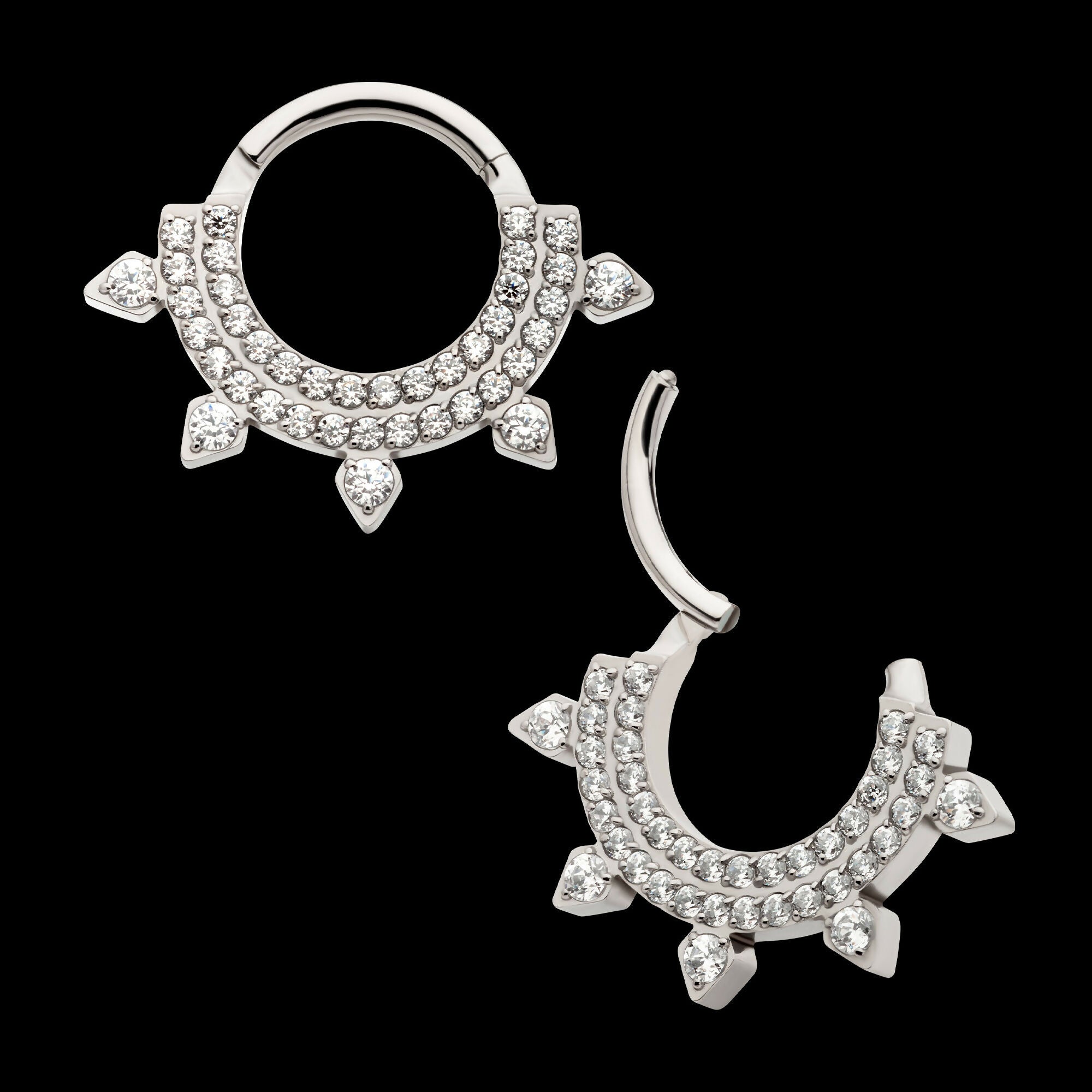 Double Row CNC Set Round CZ with 5 Round CZ Spike Edge Front Facing Hinged Segment Clicker Hoop Earring / Nosering – Titanium