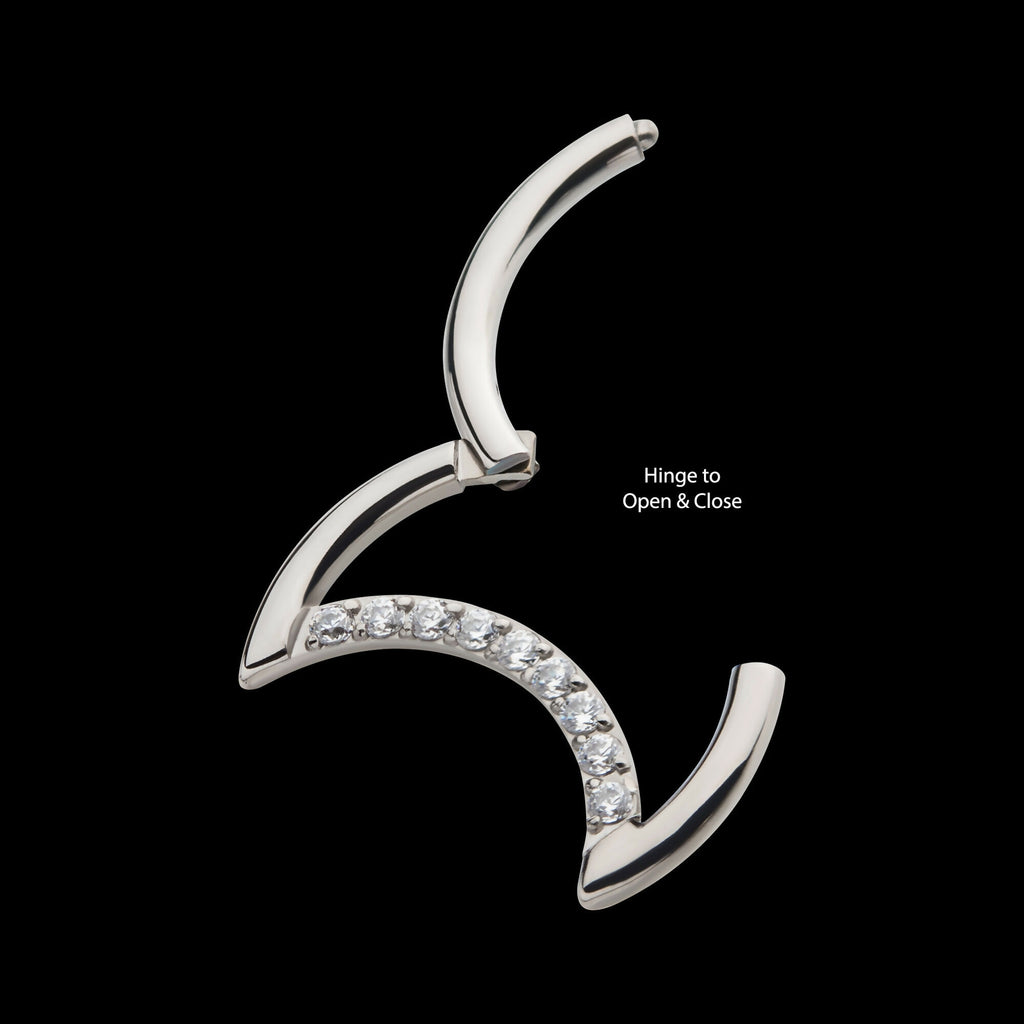 Crescent Moon with CZ Front Facing Hinged Segment Clicker Hoop Earring / Nosering – Titanium