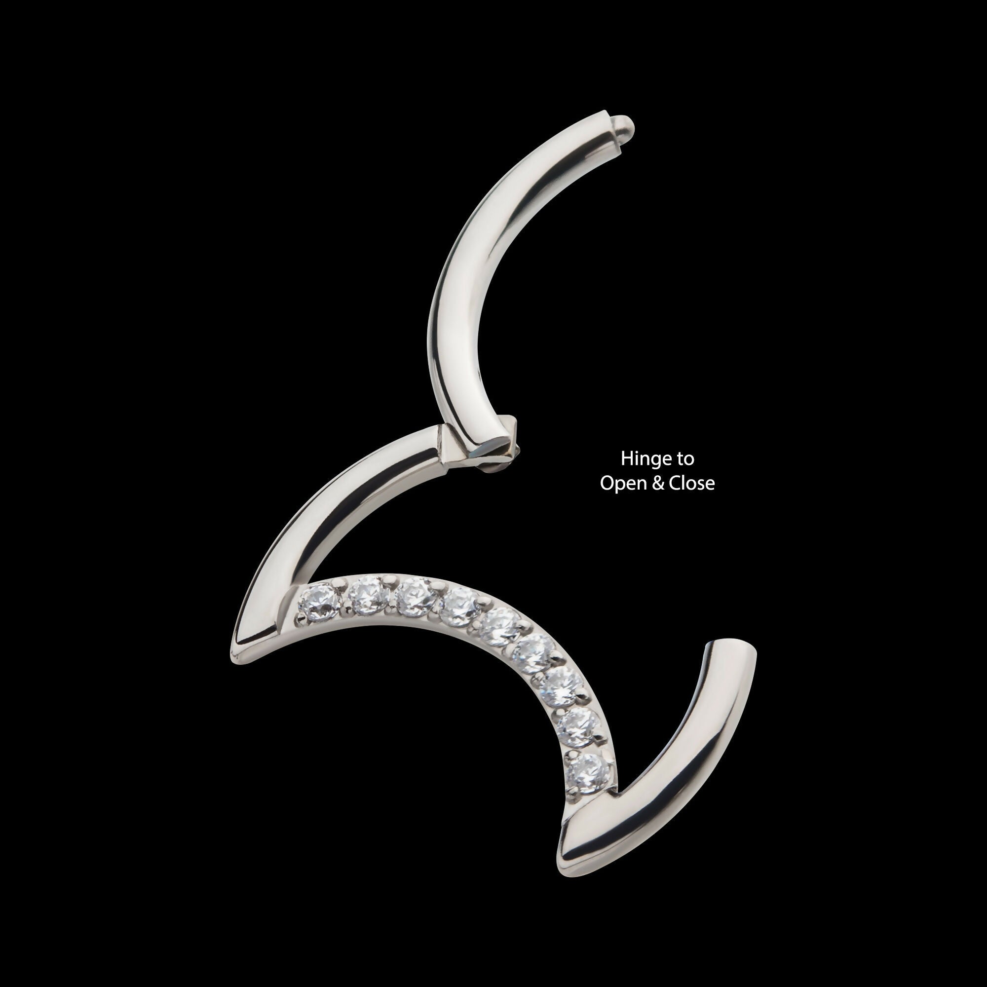 Crescent Moon with CZ Front Facing Hinged Segment Clicker Hoop Earring / Nosering – Titanium