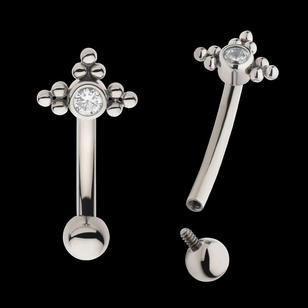 Internally Threaded with Tri Beads Set & Bezel Set Clear AAA CZ Fixed Top Curved Barbell Earring / Nosering – Titanium