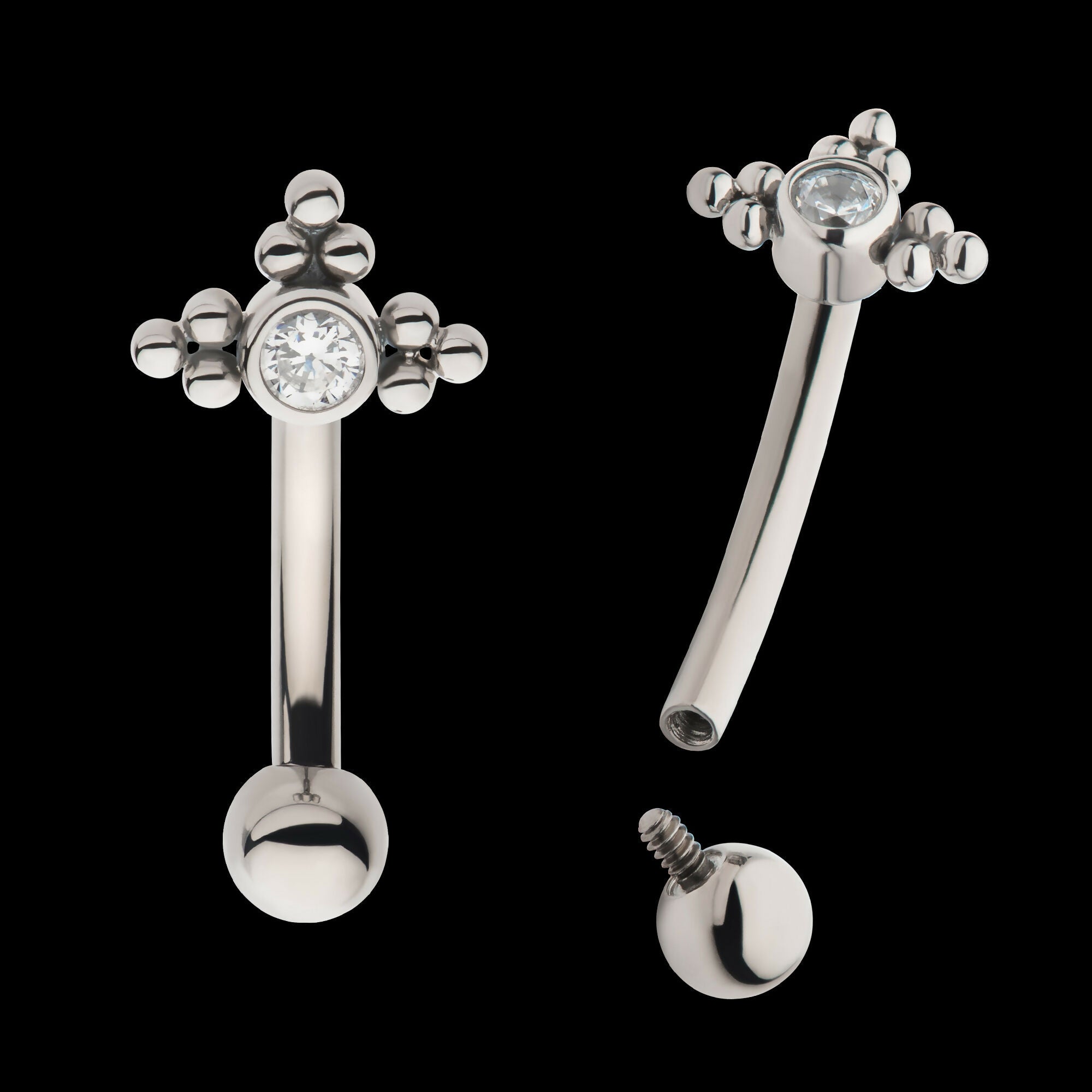Internally Threaded with Tri Beads Set & Bezel Set Clear AAA CZ Fixed Top Curved Barbell Earring / Nosering – Titanium