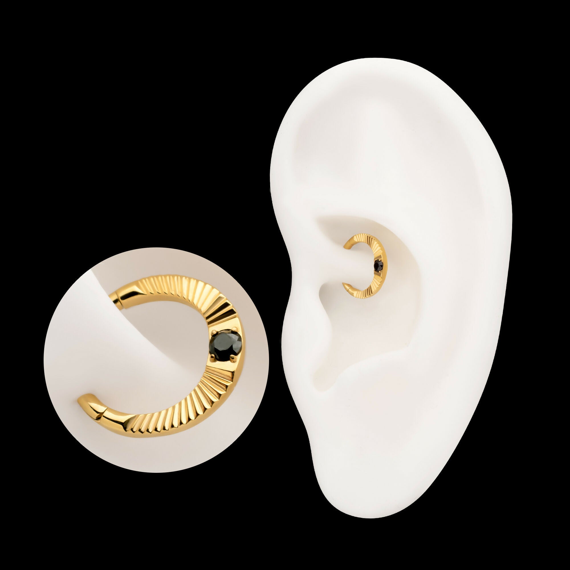 24Kt Gold PVD Titanium Radiant Hoop with Black Prong Set Gem Front Facing Hinged Segment Clicker Earring / Nosering
