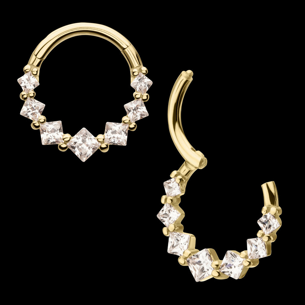 Prong Set Princess Gem Cluster Front Facing Hinged Segment Clicker Hoop Earring / Nosering – 14Kt Yellow Gold