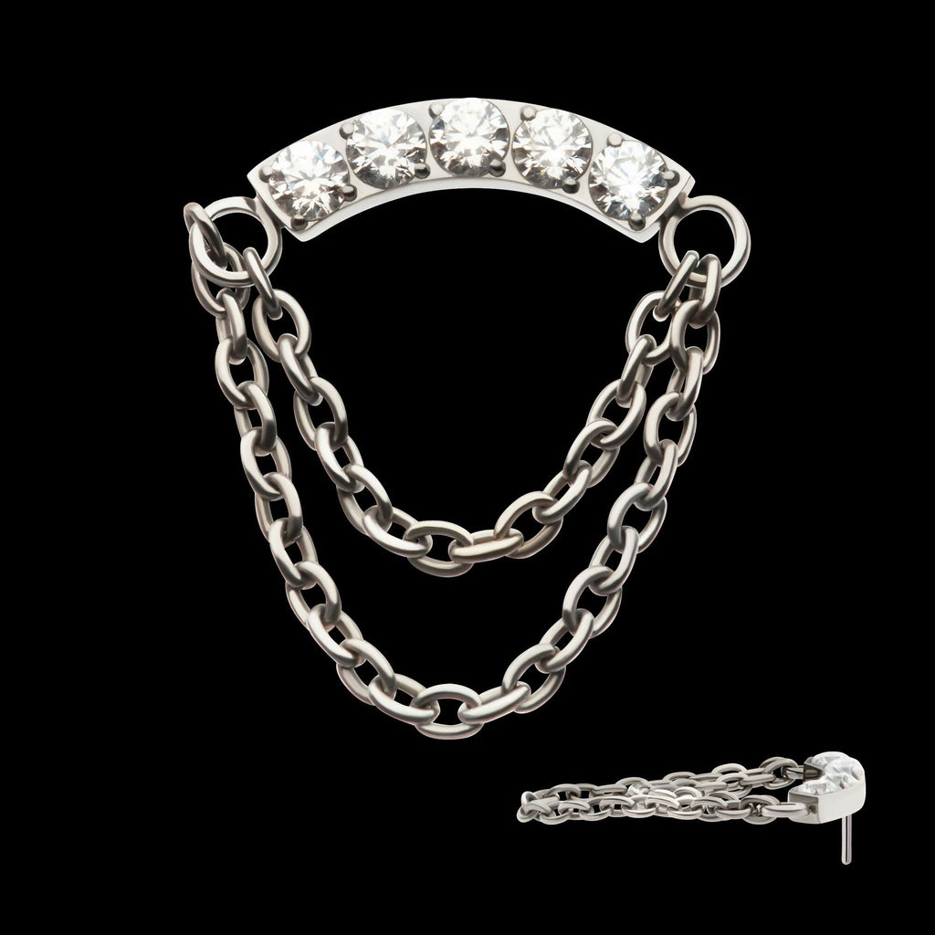 Titanium Threadless 5-Cluster Round AAA CZ Curved Bar Top with 2 Tier Dangle Chain