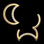 24Kt Gold PVD Titanium Crescent Moon with CZ Front Facing Hinged Segment Clicker Hoop Earring / Nosering