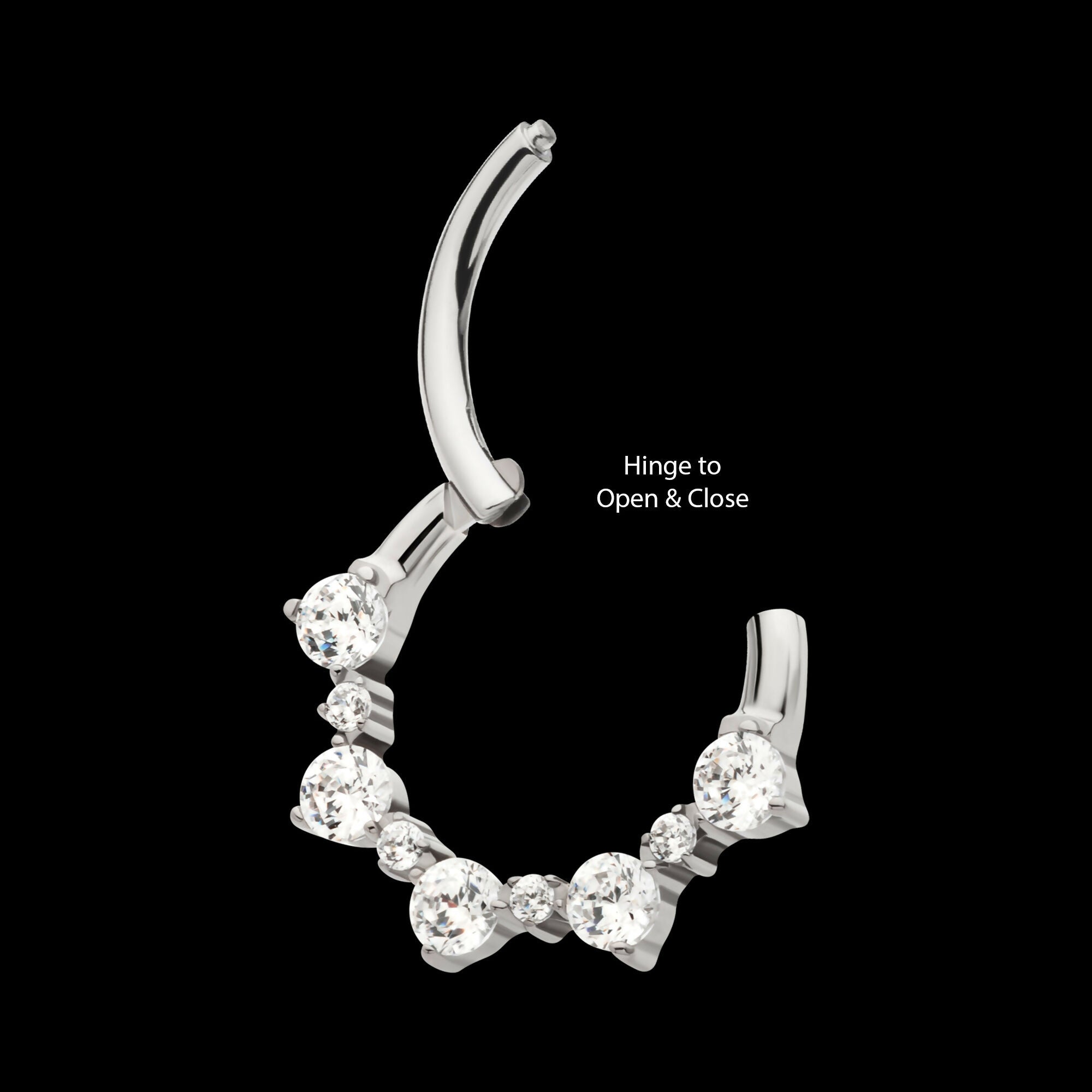 Clustered Prong Set 1mm and 2mm Round CZ Front Facing Hinged Segment Clicker Hoop Earring / Nosering – Titanium