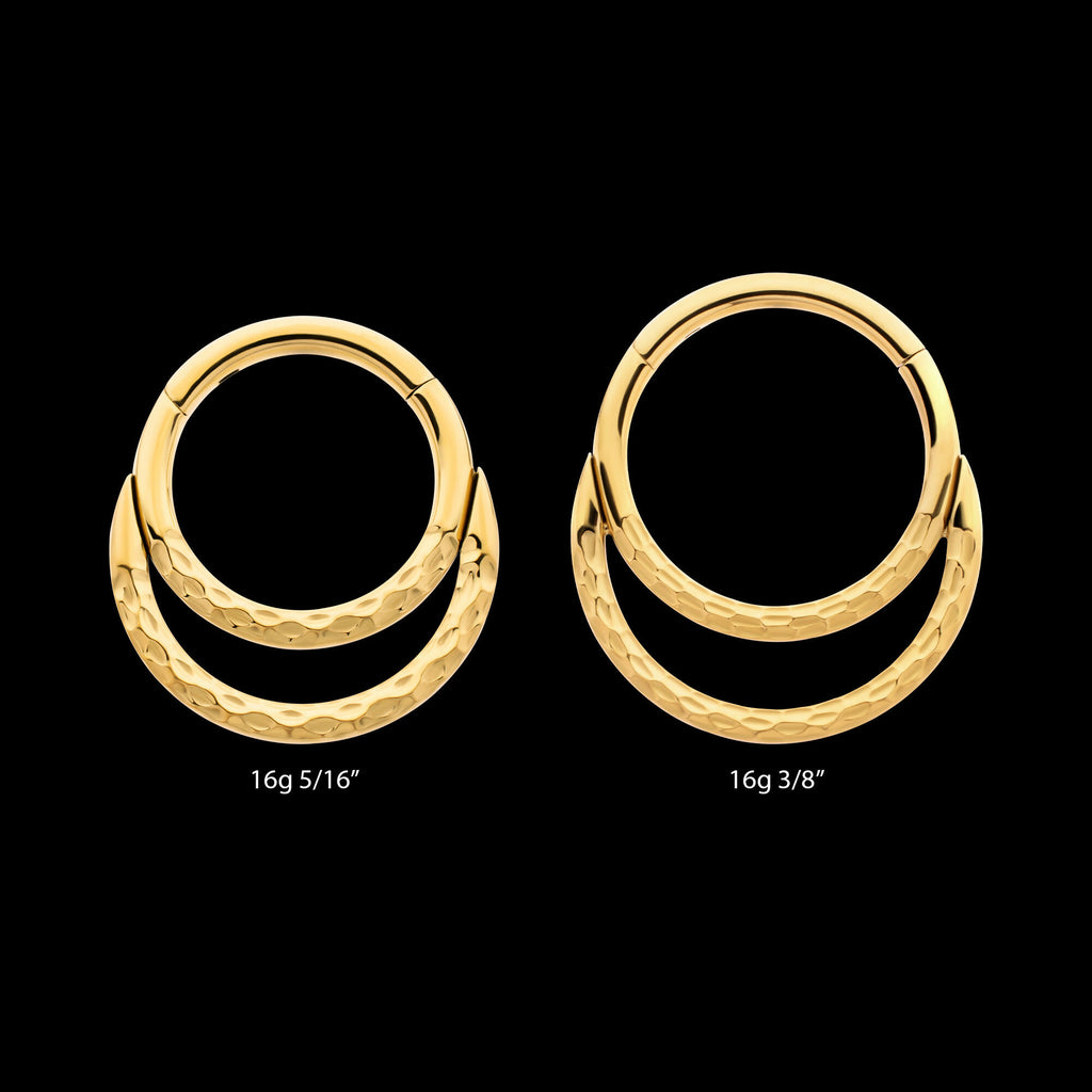24Kt Gold PVD Titanium Hammered Double Hoop Front Facing Hinged Segment Clicker Earring / Nosering