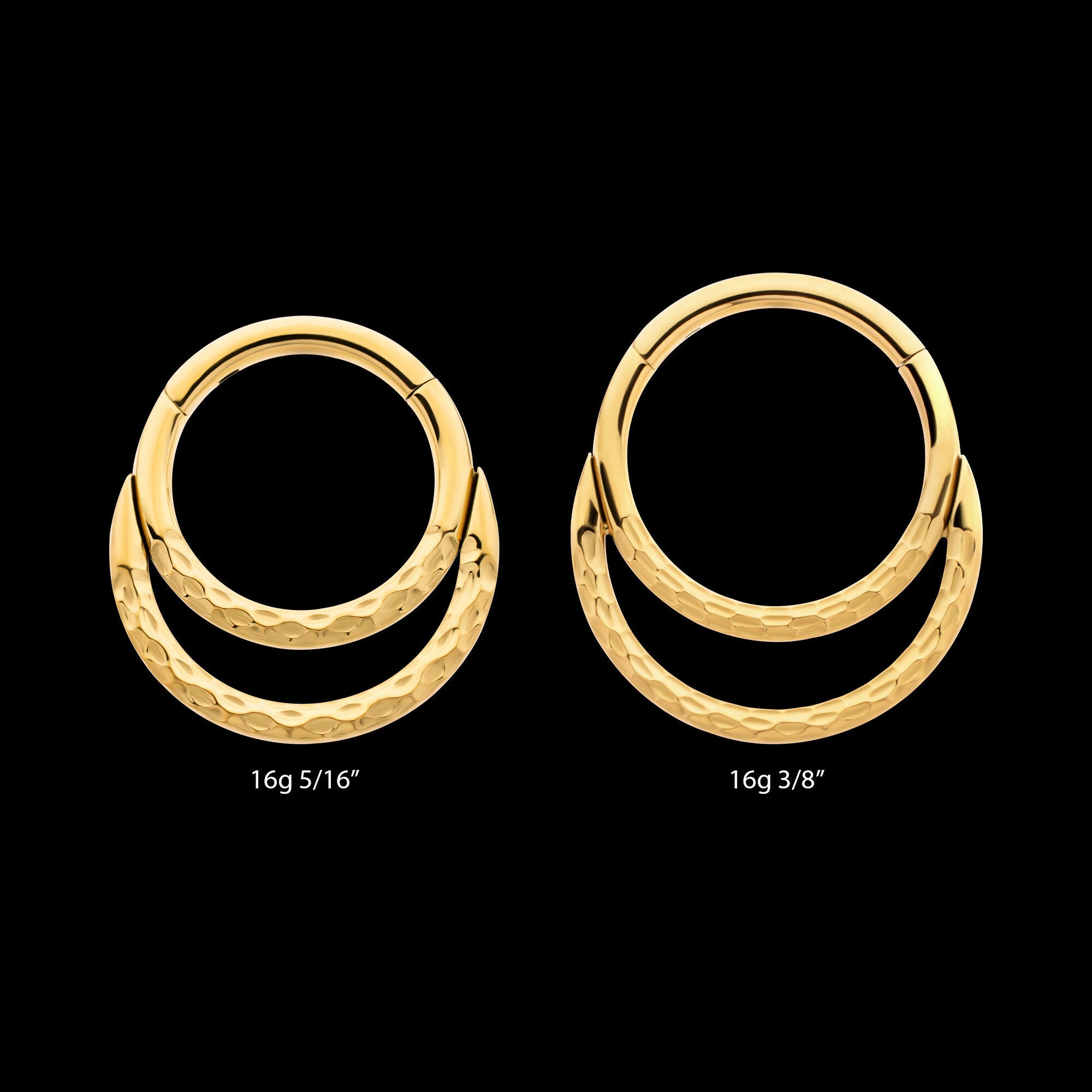 24Kt Gold PVD Titanium Hammered Double Hoop Front Facing Hinged Segment Clicker Earring / Nosering