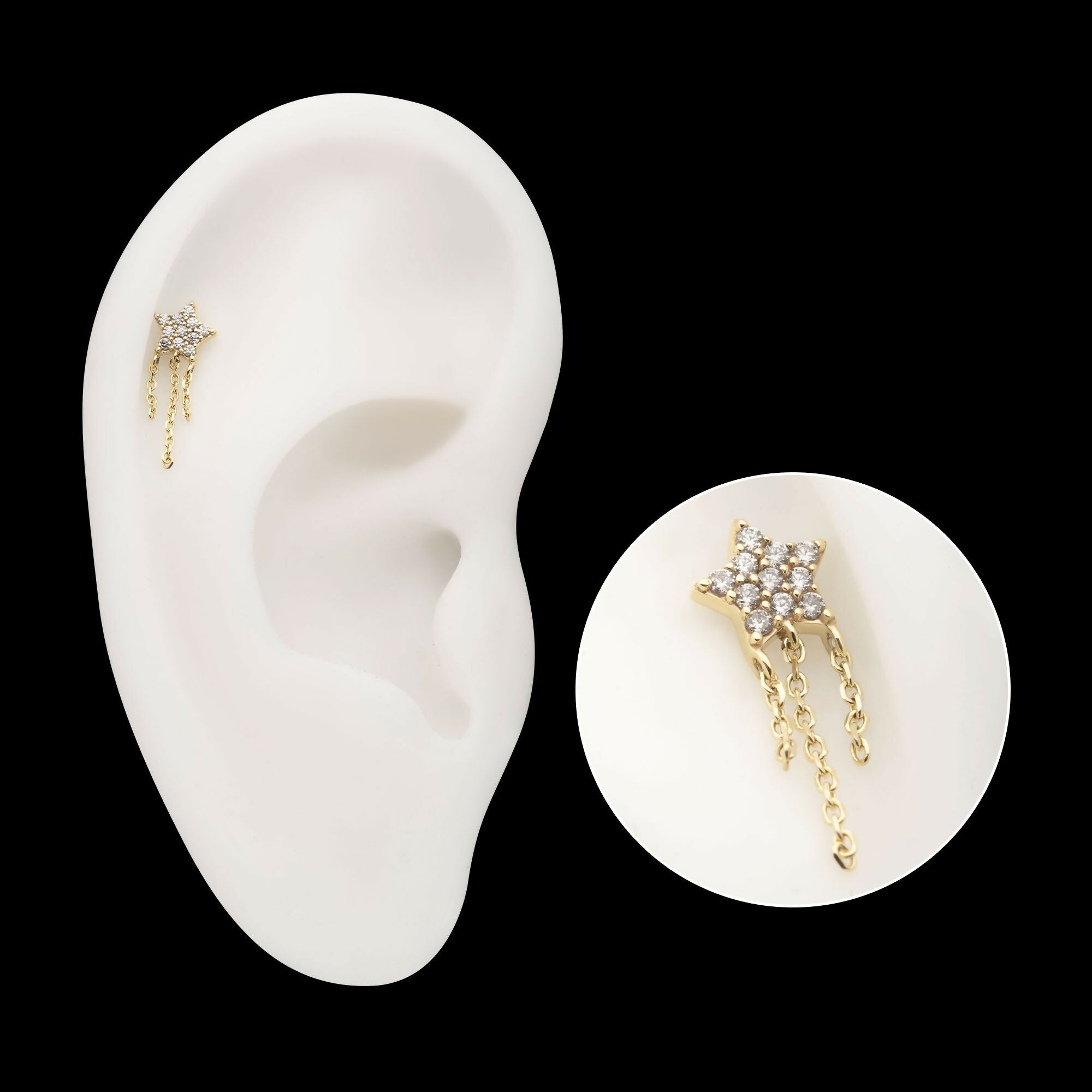 14Kt Yellow Gold Threadless Pave Gem Star Top with Triple Chain Dangle