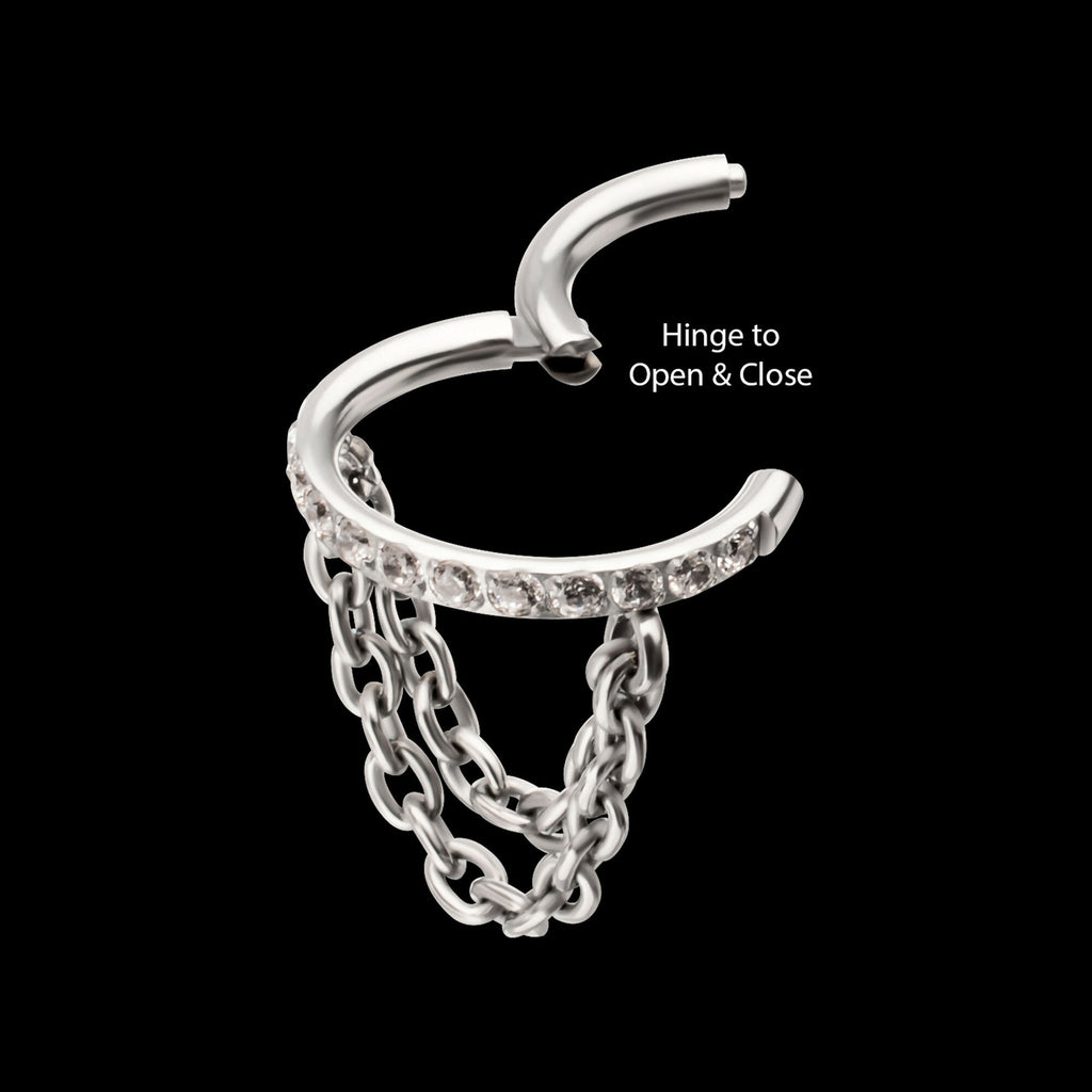 Pave Gem Hoop with 2-Tier Chain Dangle Hinged Segment Clicker Earring / Nosering – Titanium