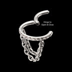 Pave Gem Hoop with 2-Tier Chain Dangle Hinged Segment Clicker Earring / Nosering – Titanium