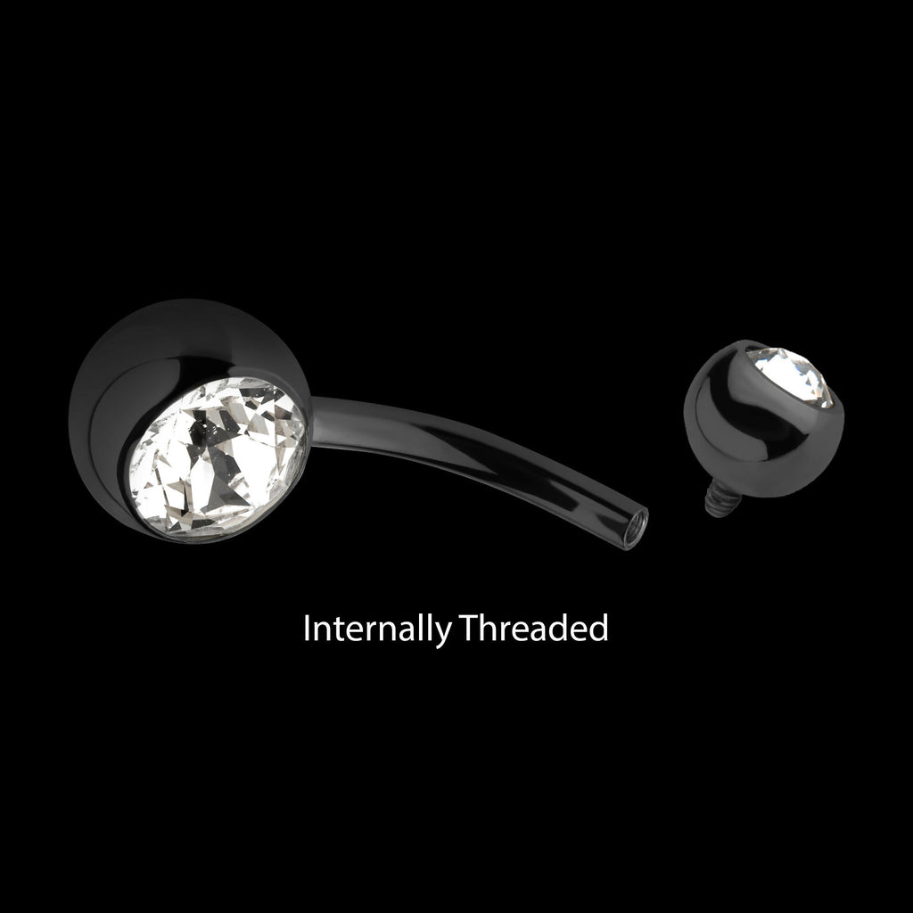 Black PVD Titanium Internally Threaded Bezel Set Double CZ Fixed Bottom Navel Ring Earring / Nosering