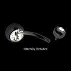 Black PVD Titanium Internally Threaded Bezel Set Double CZ Fixed Bottom Navel Ring Earring / Nosering