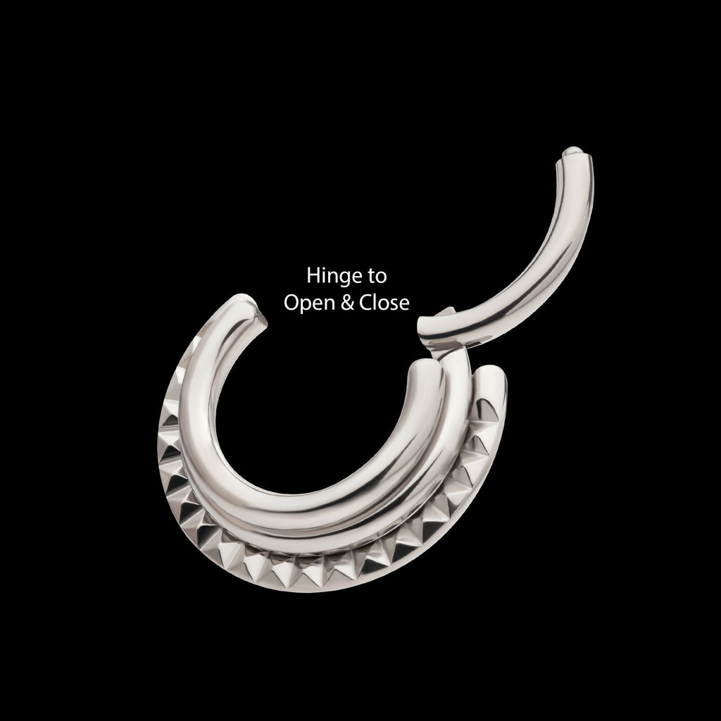 Terraced Triple Stack with Pyramid Stud Front Facing Hinged Segment Clicker Hoop Earring / Nosering – Titanium