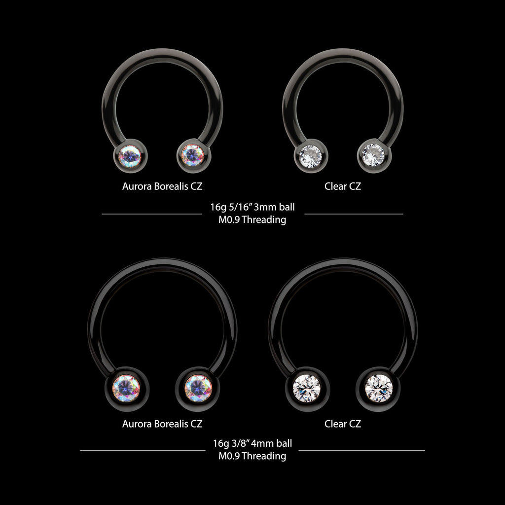 Black PVD Titanium Internally Threaded Forward Facing Bezel Set Round Gem Circular Barbell Earring / Nosering